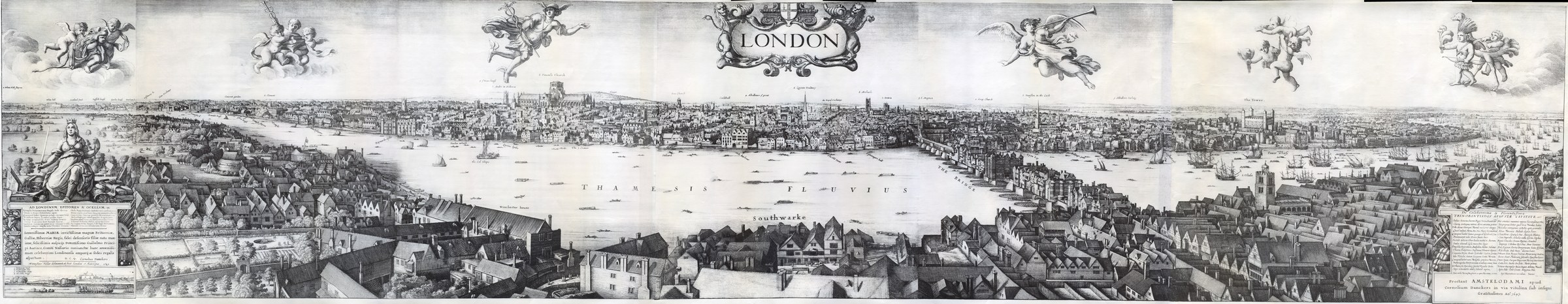 Wenceslaus Hollar's 1647 panoramic view of London from Bankside, with the second Globe theatre on the skyline