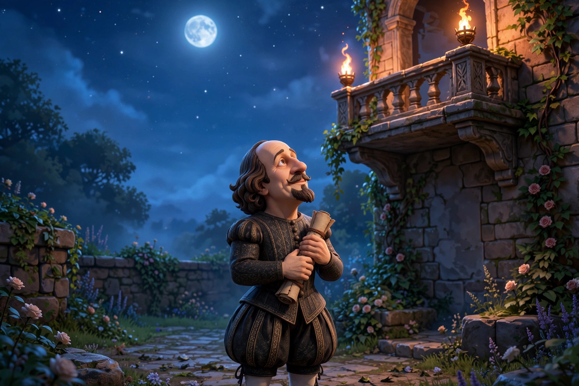 The animated Shakespeare character in a moonlit garden below a torch-lit balcony, holding a scroll