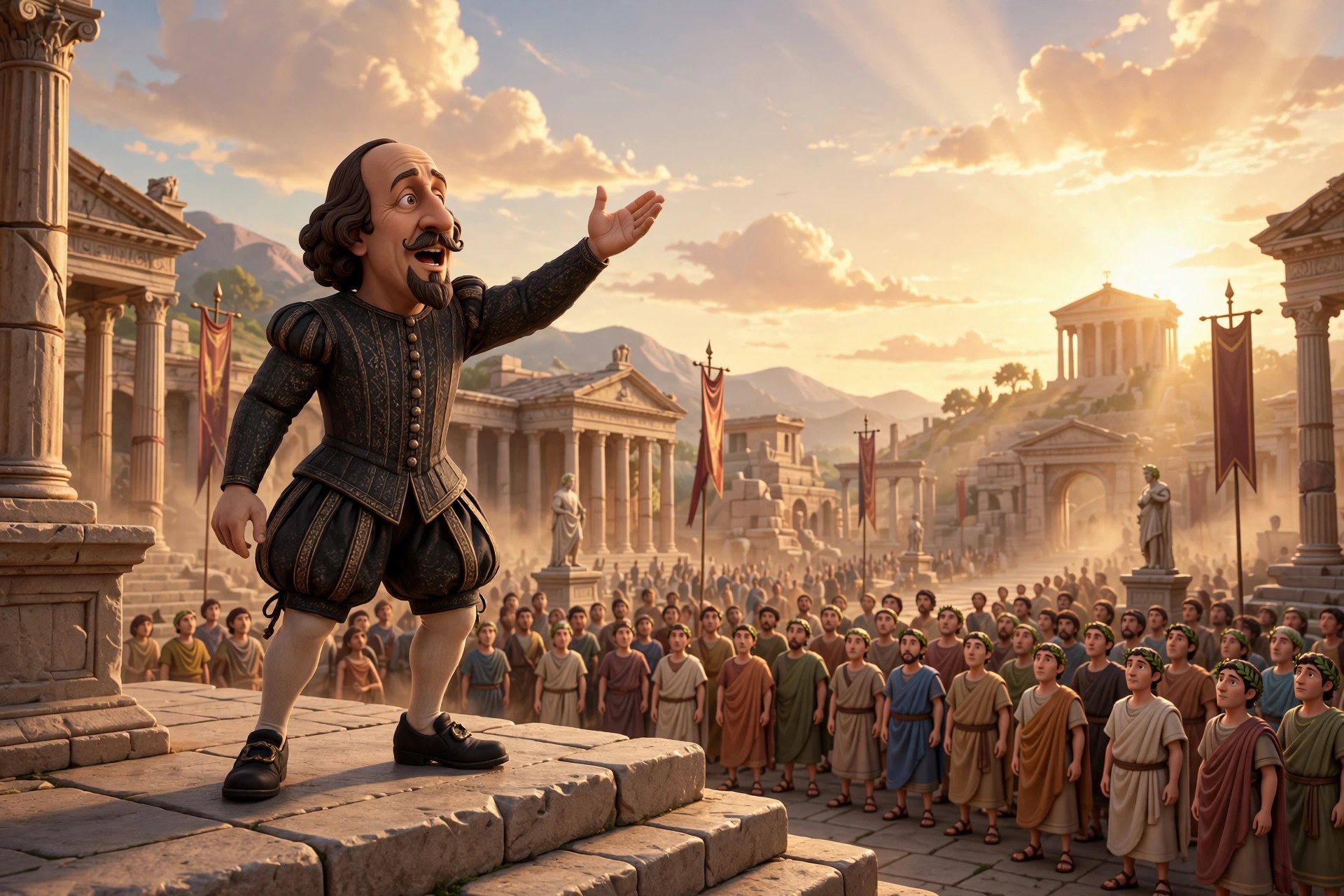 The animated Shakespeare character addressing a crowd from a stone rostrum in a stylized Roman forum, orator's pose