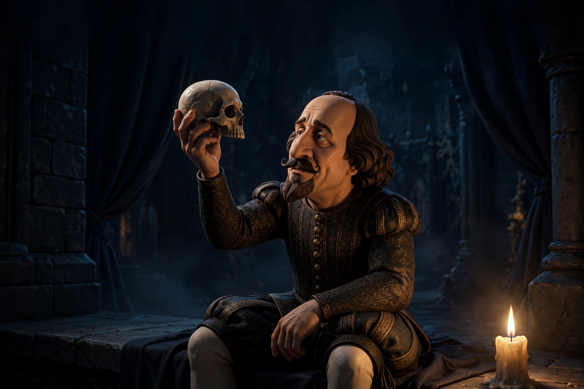 The animated Shakespeare character holding a skull aloft on a dark candlelit stage, Hamlet-with-Yorick's-skull moment