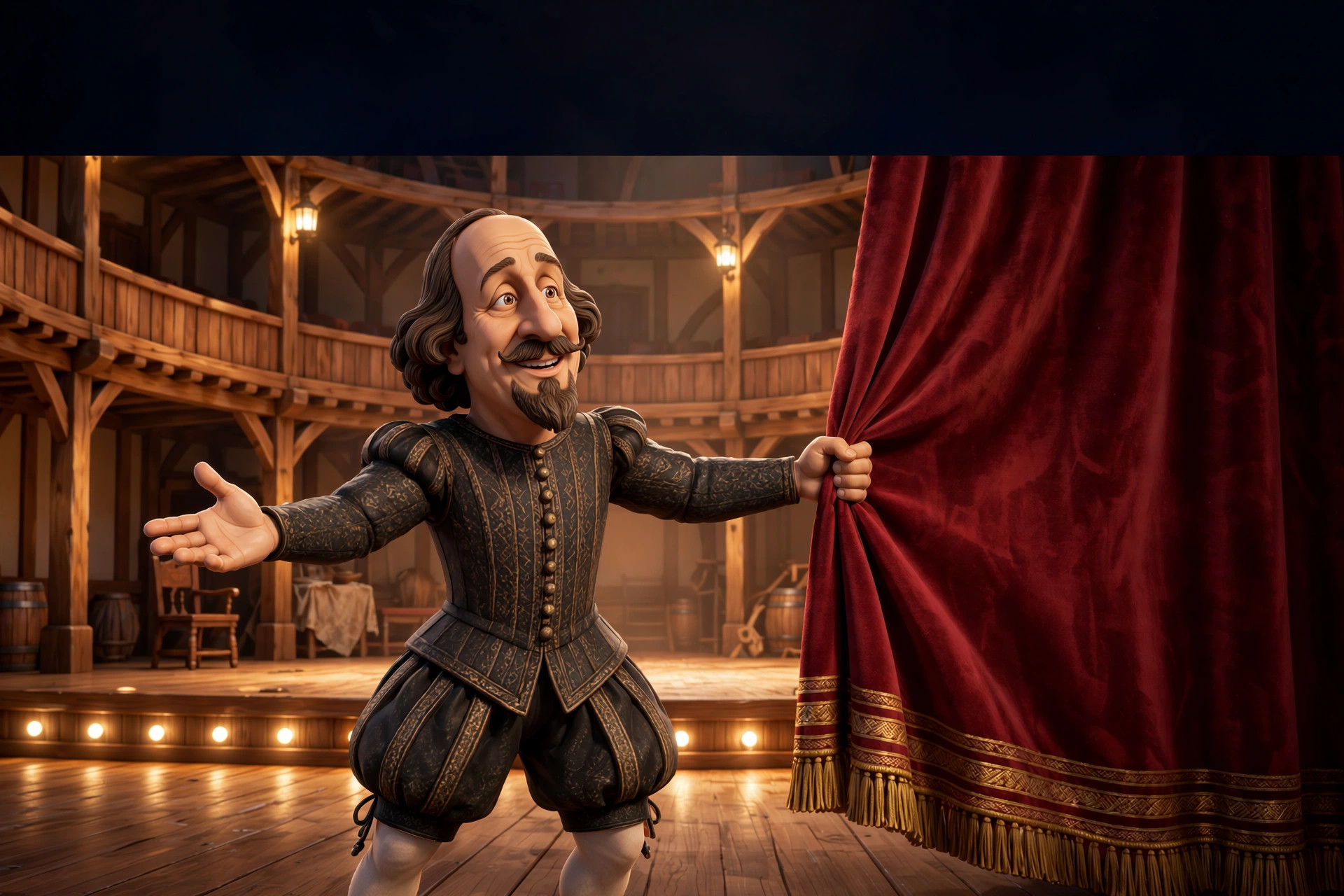 The animated Shakespeare character drawing back a red velvet stage curtain to reveal a lit Elizabethan stage