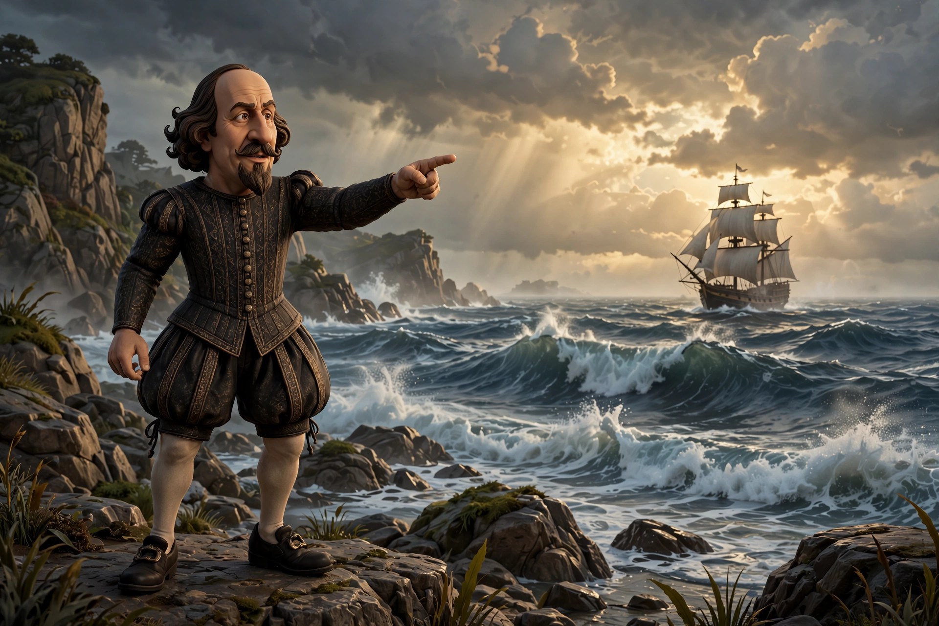 The animated Shakespeare character on a rocky shore gesturing toward a tall ship on a stormy sea at dusk