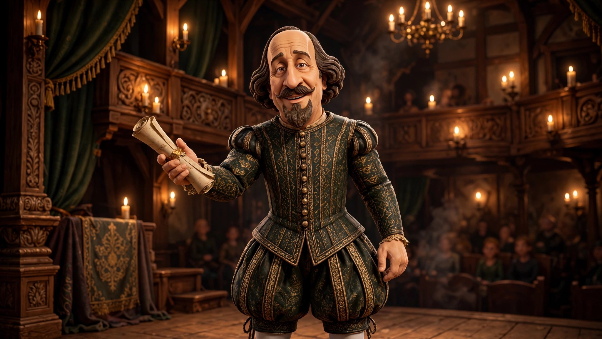 The stream's animated Shakespeare character in the Vizlings style: mustache and goatee, dark embroidered doublet, holding a scroll on a candlelit stage