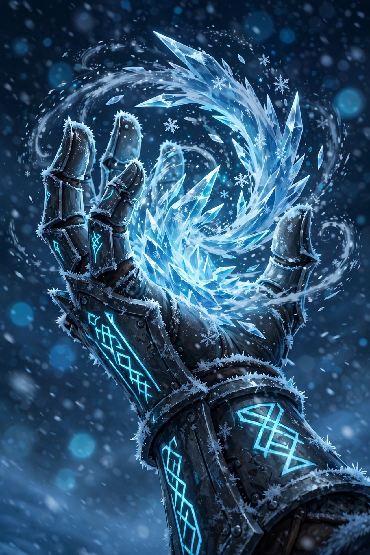 AI-generated dramatization art: close-up of a frost-covered rune-etched gauntlet shaping a swirling bloom of ice shards against a blizzard