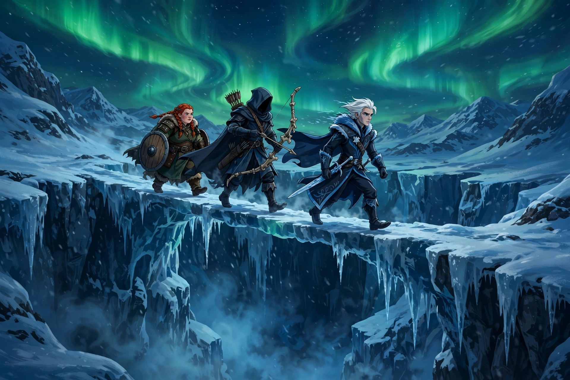AI-generated dramatization art: Soren Frost leading a hooded archer and a red-haired shieldmaiden across a narrow ice bridge over a glacial crevasse at night