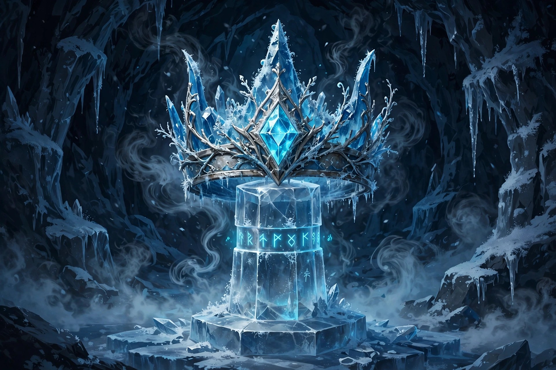 AI-generated dramatization art: an ancient crown of translucent blue ice and silver with a glowing frost diamond, resting on a crystal pedestal in a dark ice vault