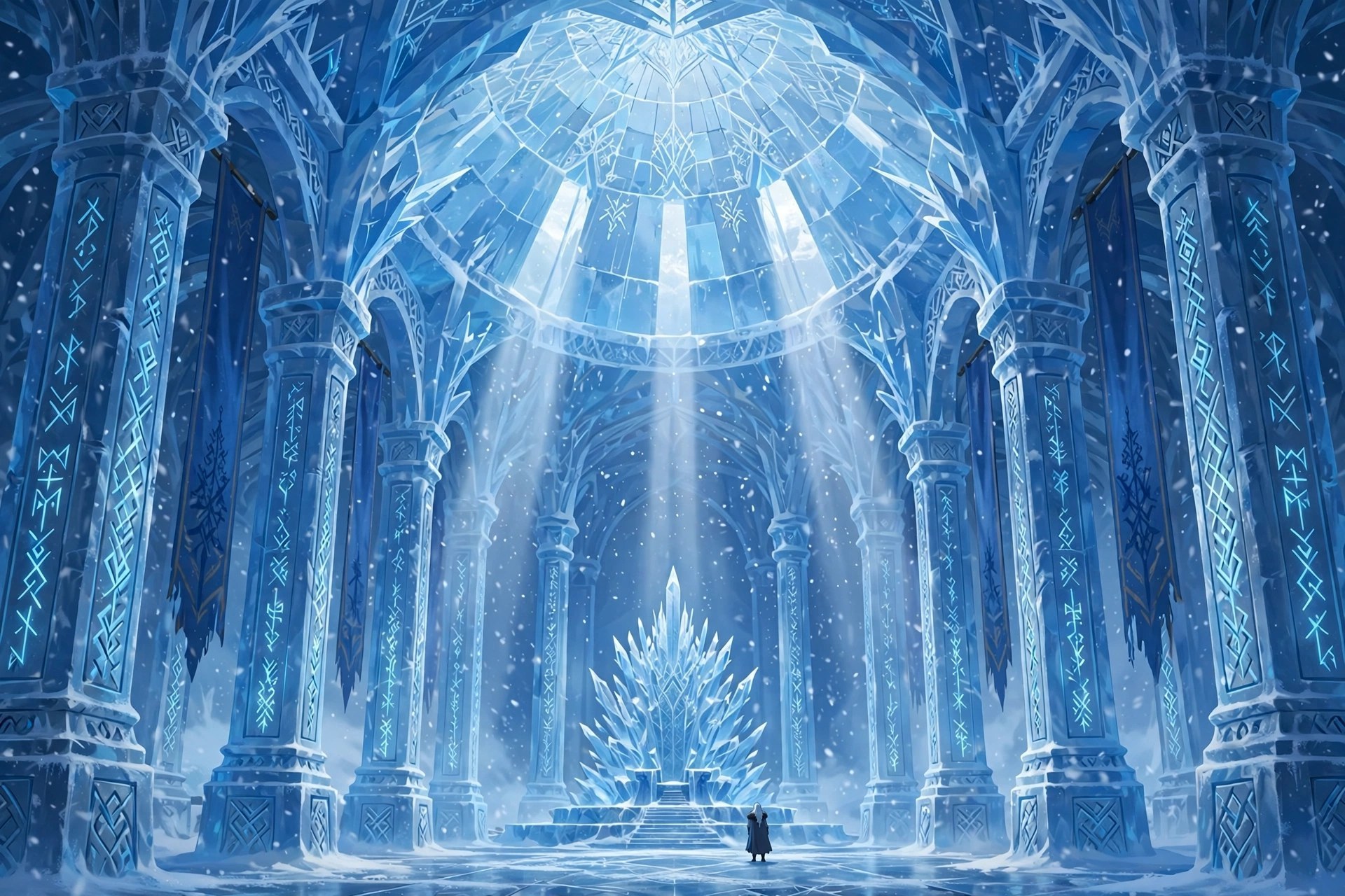 AI-generated dramatization art: the grand ice hall of Frosthold Citadel with rune-etched pillars and a frozen crystal throne, a lone warrior silhouette within