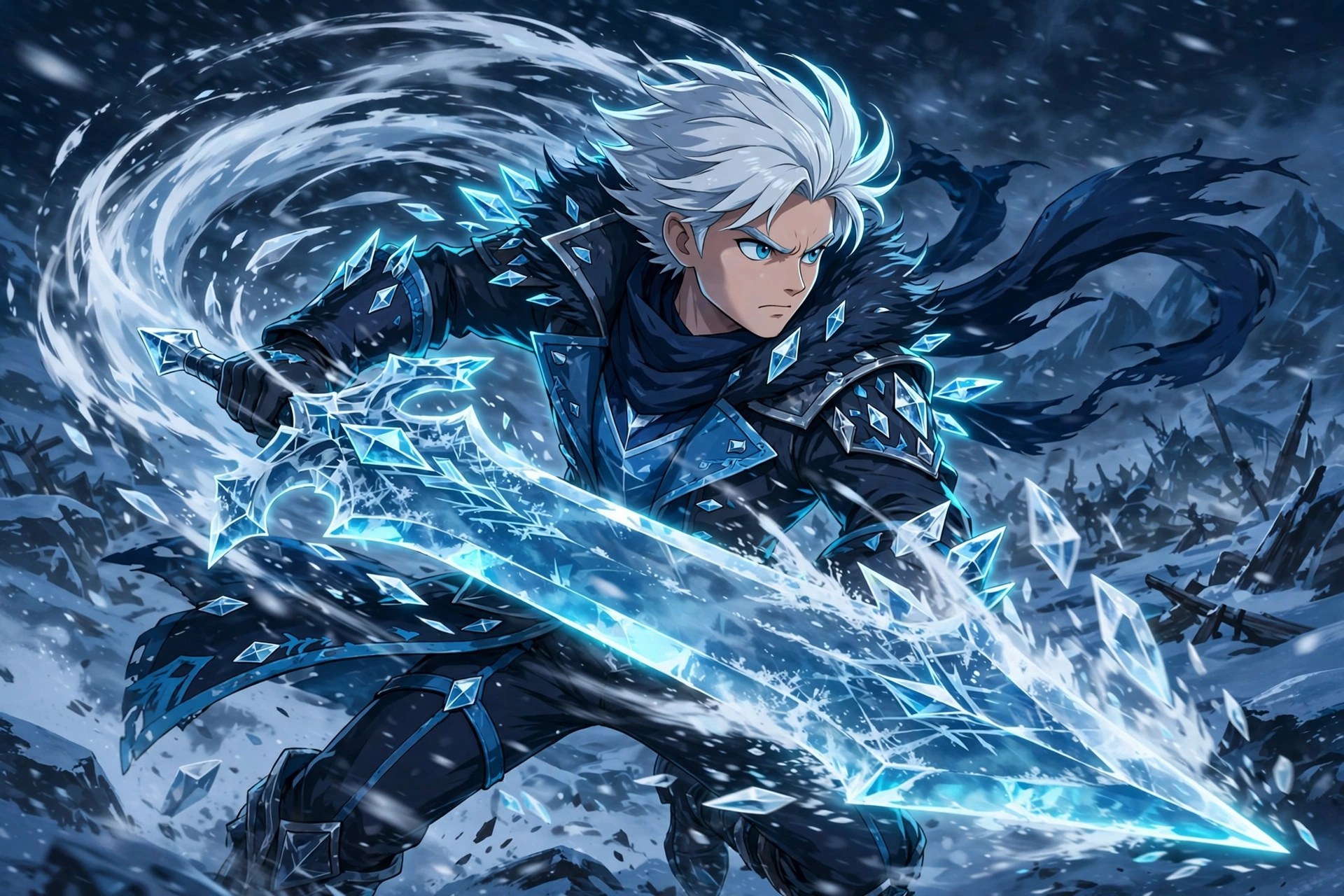 AI-generated dramatization art: Soren Frost mid-swing with a greatsword of translucent ice, arcs of frost trailing the blade on a blizzard battlefield