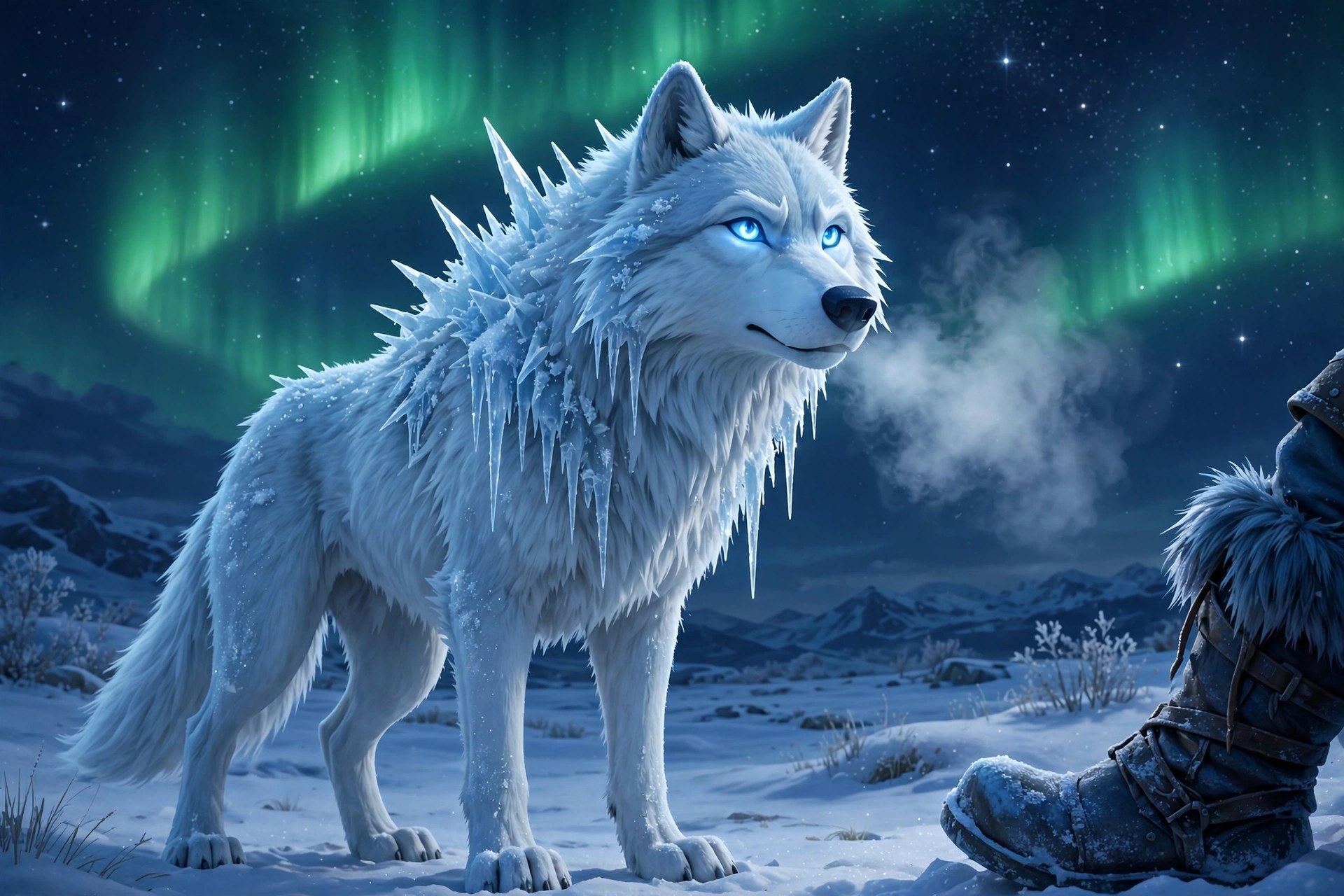 AI-generated dramatization art: a majestic frost wolf with pale blue-white fur, icicle spikes along its shoulders, and glowing ice-blue eyes, standing alert in a snowfield at night