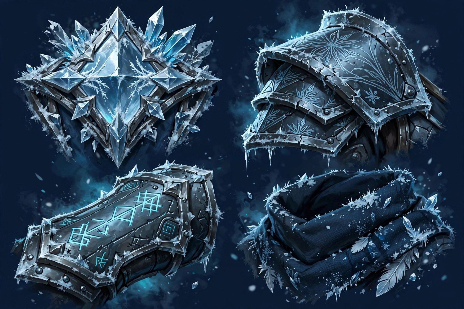 AI-generated dramatization art: a concept-art style detail sheet of the ice warrior's costume elements — crystal clasp, frost-etched pauldron, rune gauntlet plate, folded scarf