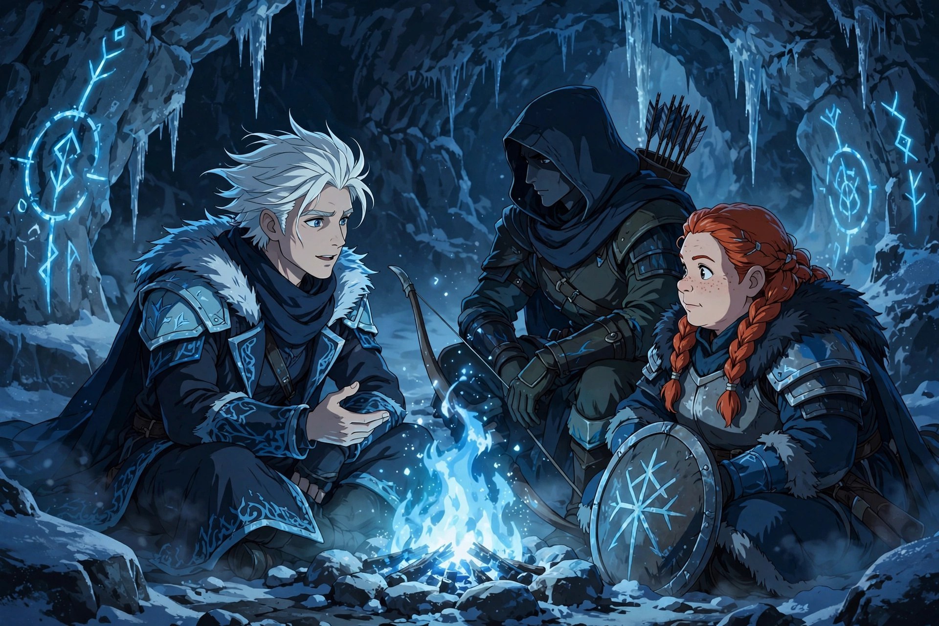 AI-generated dramatization art: Soren Frost telling a story beside a blue-white frostflame watchfire in a snow cave, his archer and shieldmaiden companions listening