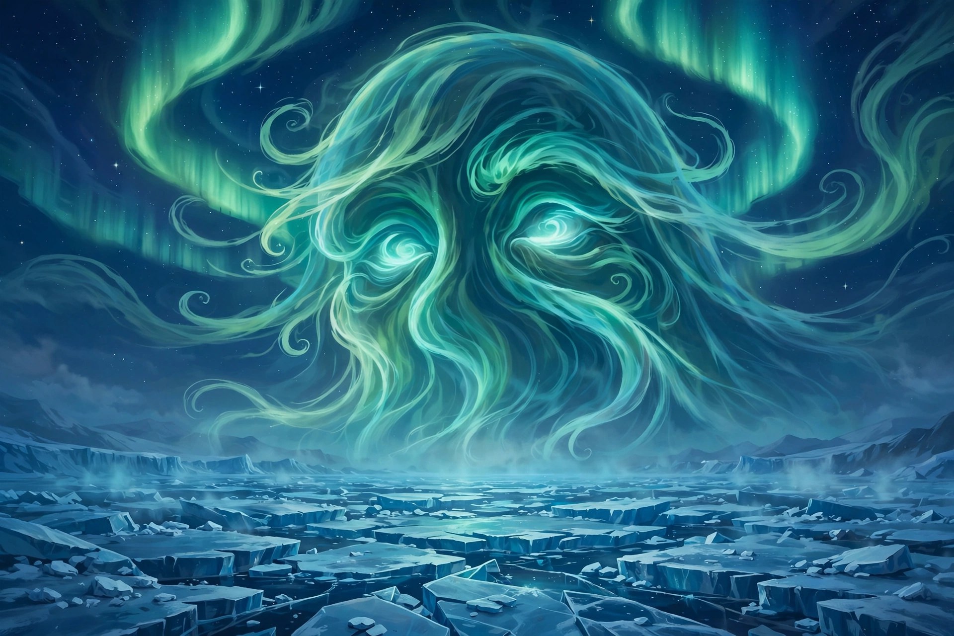 AI-generated dramatization art: a dreamlike aurora twisting into a colossal ghostly face over a frozen sea, no people
