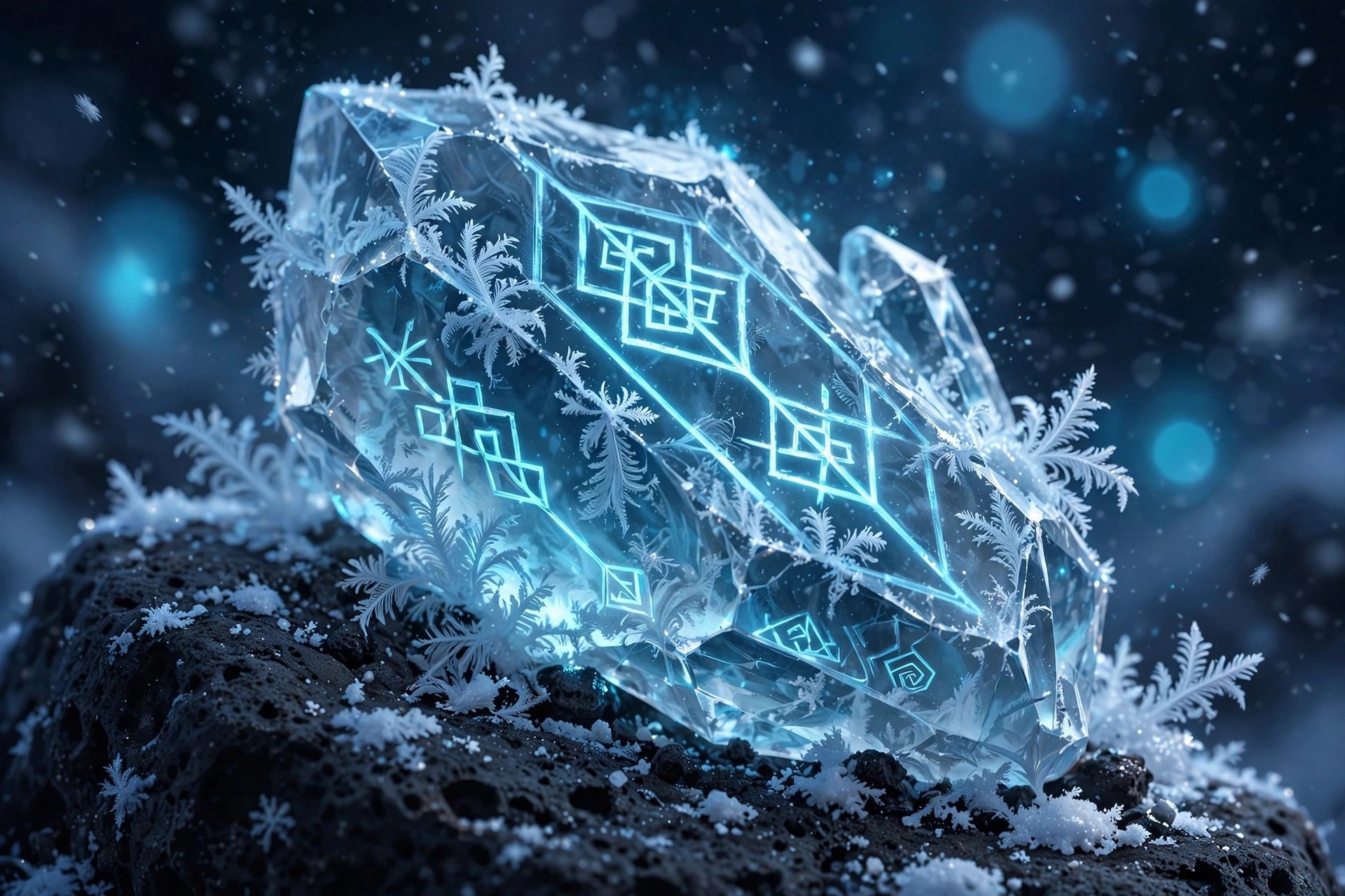 AI-generated dramatization art: a macro view of a translucent ice crystal etched with glowing runes on dark stone dusted with snow