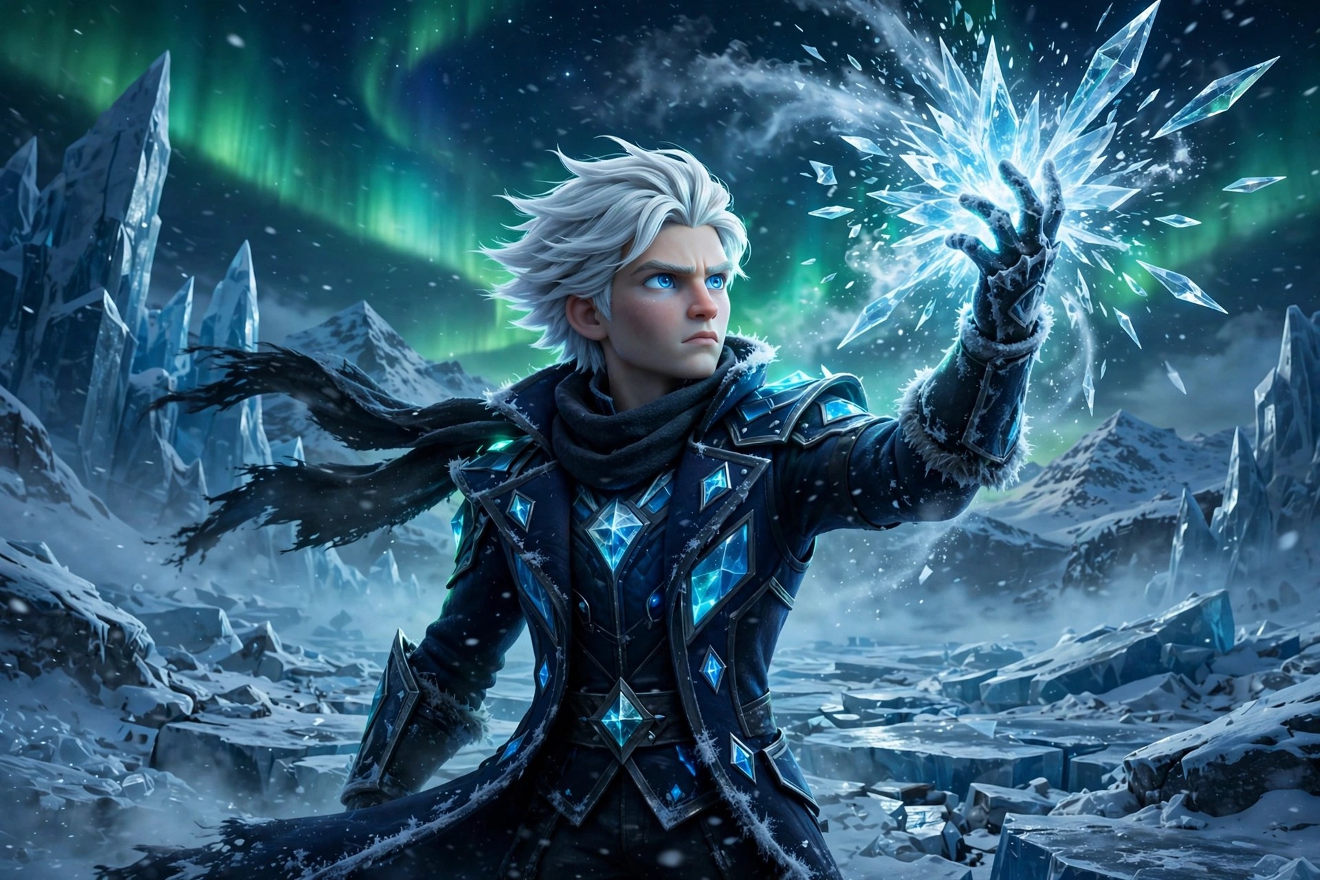 AI-generated dramatization art: Soren Frost, a young ice warrior with white hair and a frost gauntlet, summoning ice shards on a glacier battlefield under the aurora