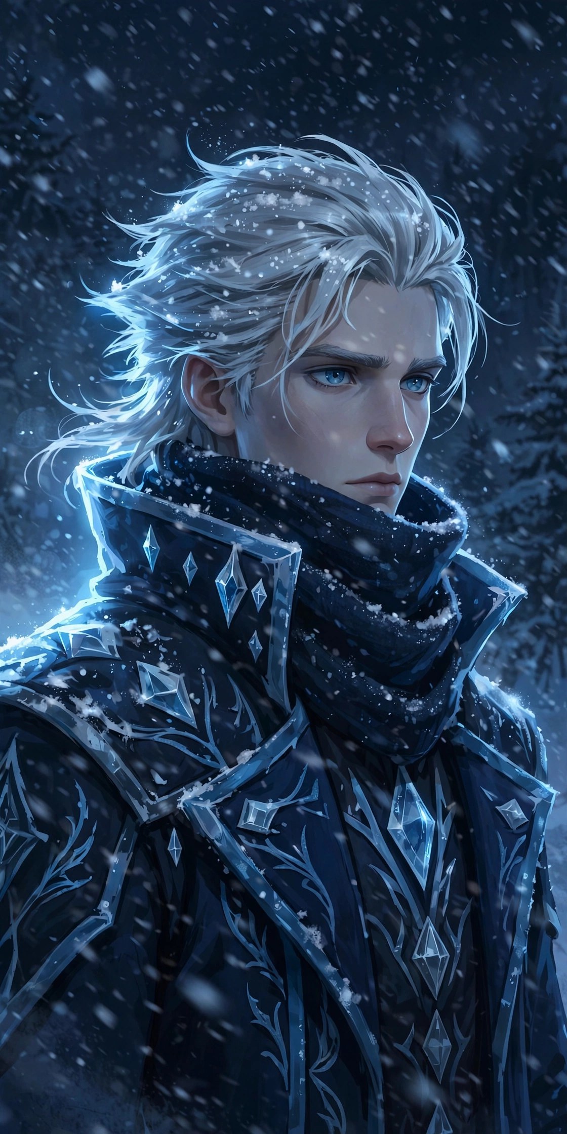 AI-generated dramatization art: moody portrait of Soren Frost standing in heavy falling snow at night, snowflakes catching in his white hair