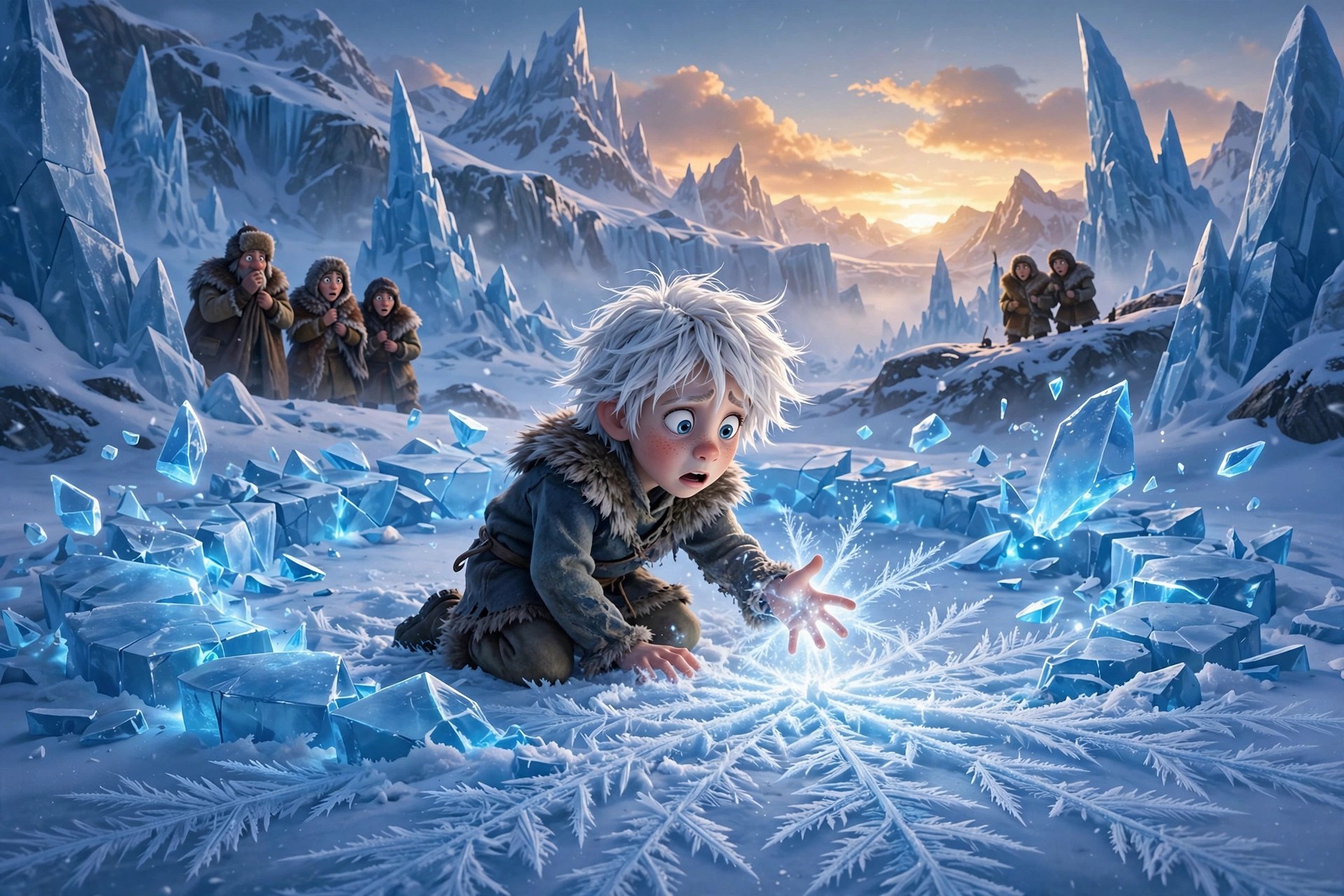 AI-generated dramatization art: a white-haired boy kneeling amid a shattered ring of glowing ice on a glacier at dawn, frost spreading from his hand, villagers watching from a distance