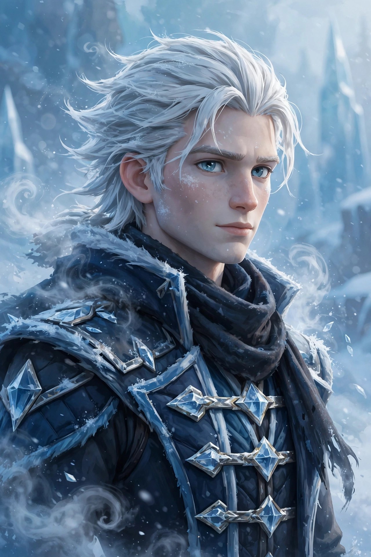 AI-generated dramatization art: three-quarter portrait of Soren Frost, a young ice warrior with white hair and ice-blue eyes, frost mist curling around his shoulders