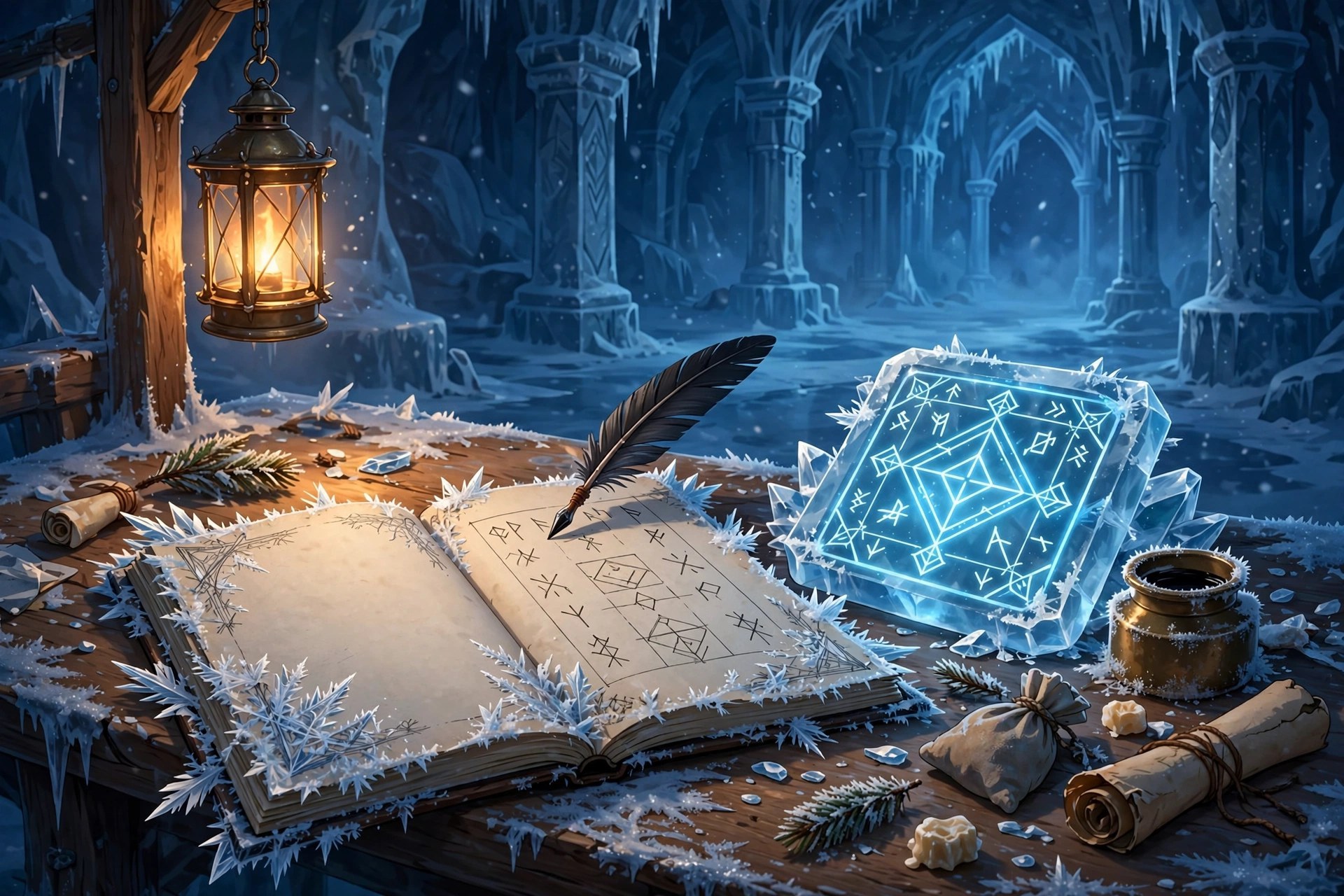 AI-generated dramatization art: a scholar's worktable in an ice hall with an open notebook, a quill, and a glowing rune-etched ice tablet being documented