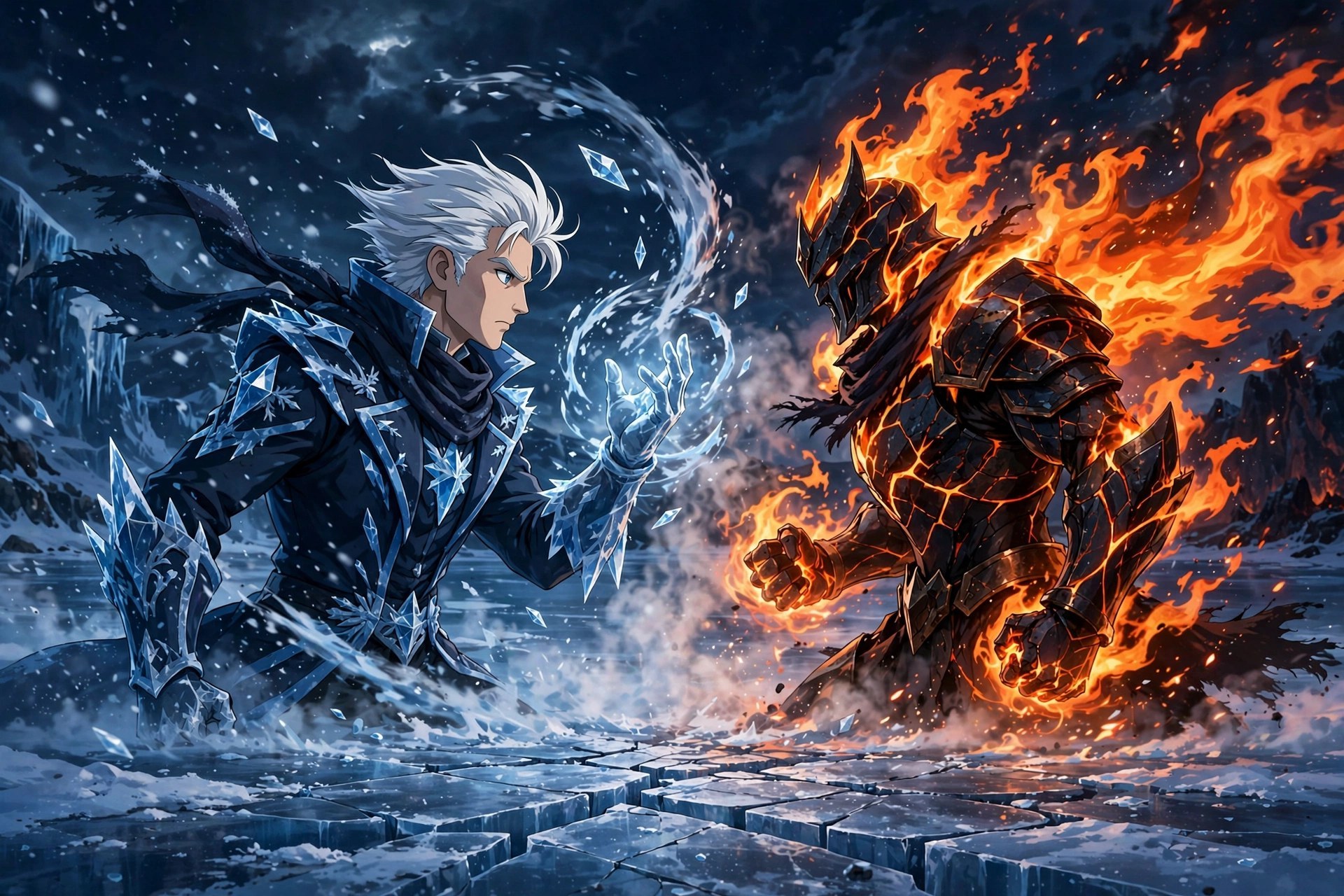AI-generated dramatization art: Soren Frost facing a flame-wreathed ember warrior on a cracked frozen lake at night, fire meeting frost with steam rising