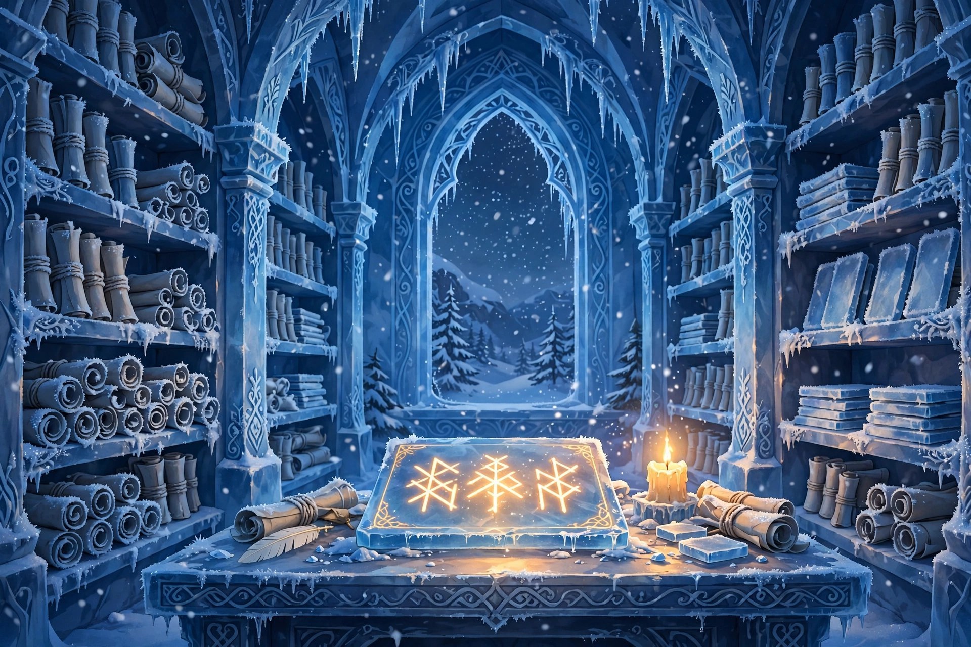 AI-generated dramatization art: a quiet ice scriptorium with frost-rimed scrolls and a glowing rune-etched tablet on a reading desk