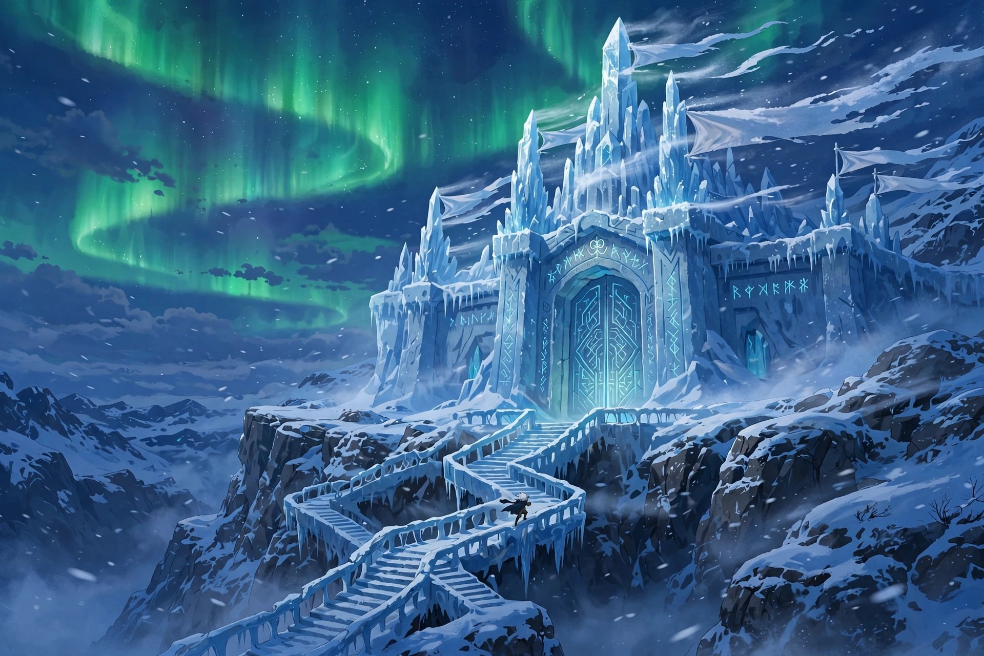 AI-generated dramatization art: the glacial citadel of Frosthold at twilight, a lone white-haired warrior climbing the ice stairs toward its glowing rune-etched gates