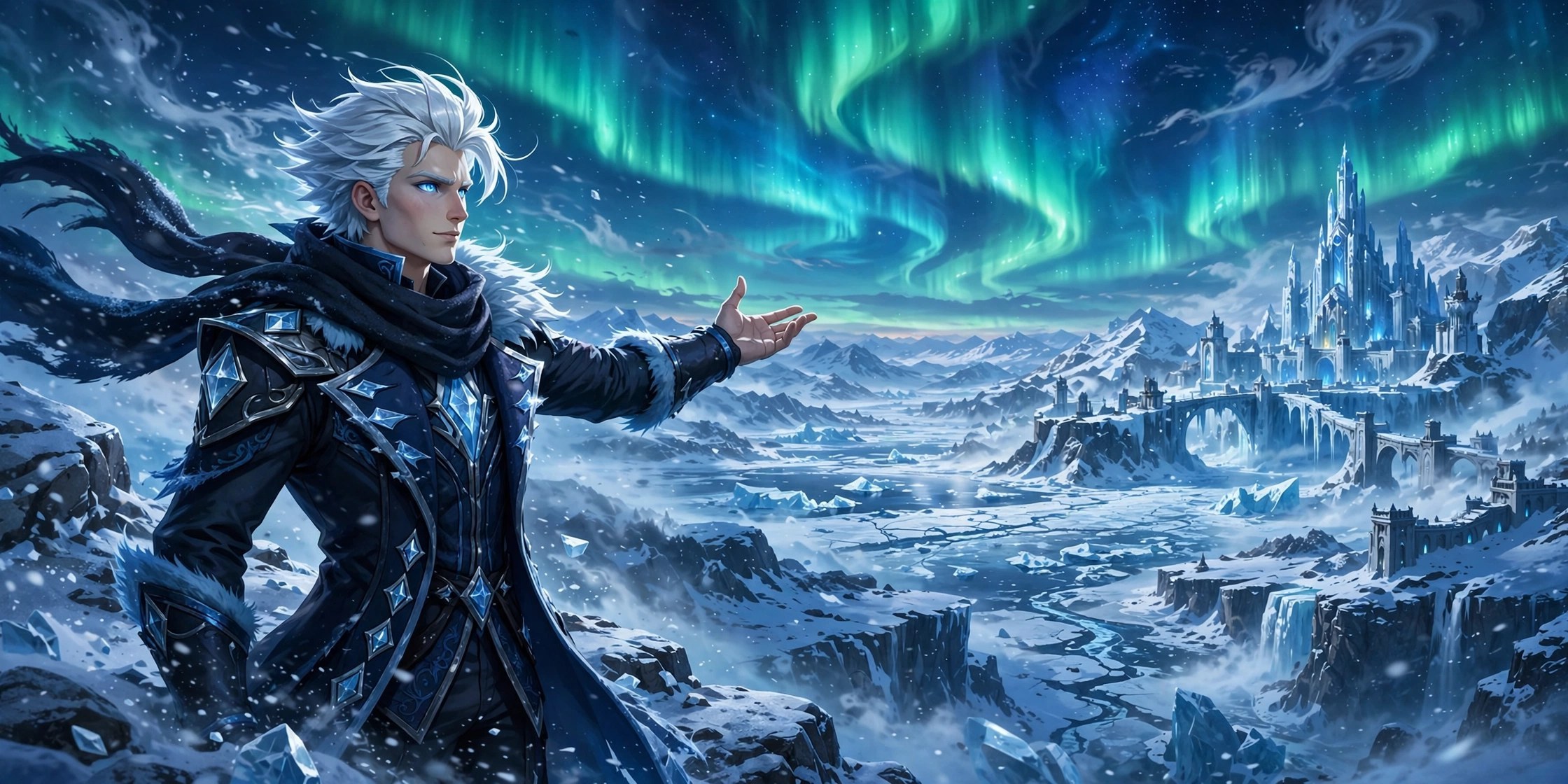 AI-generated dramatization art: wide banner of Soren Frost on a glacier overlook presenting his aurora-lit frozen world with Frosthold Citadel in the distance