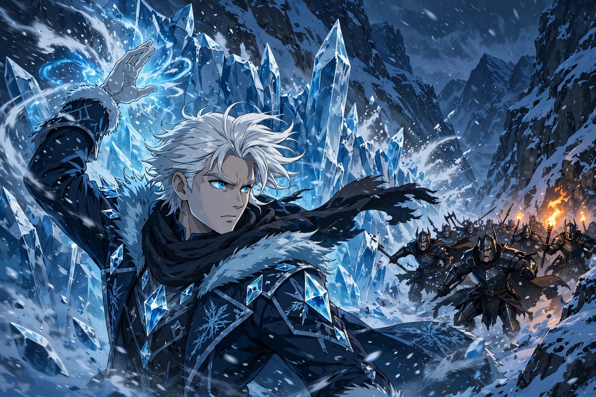 AI-generated dramatization art: Soren Frost raising a wall of jagged ice against charging raiders in a narrow frozen mountain pass
