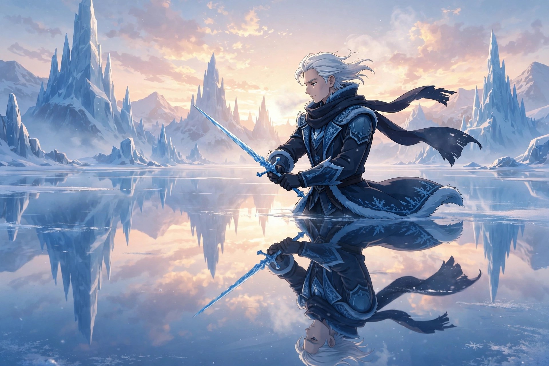 AI-generated dramatization art: Soren Frost practicing slow sword forms alone on a mirror-smooth frozen lake at dawn, his reflection doubled in the ice