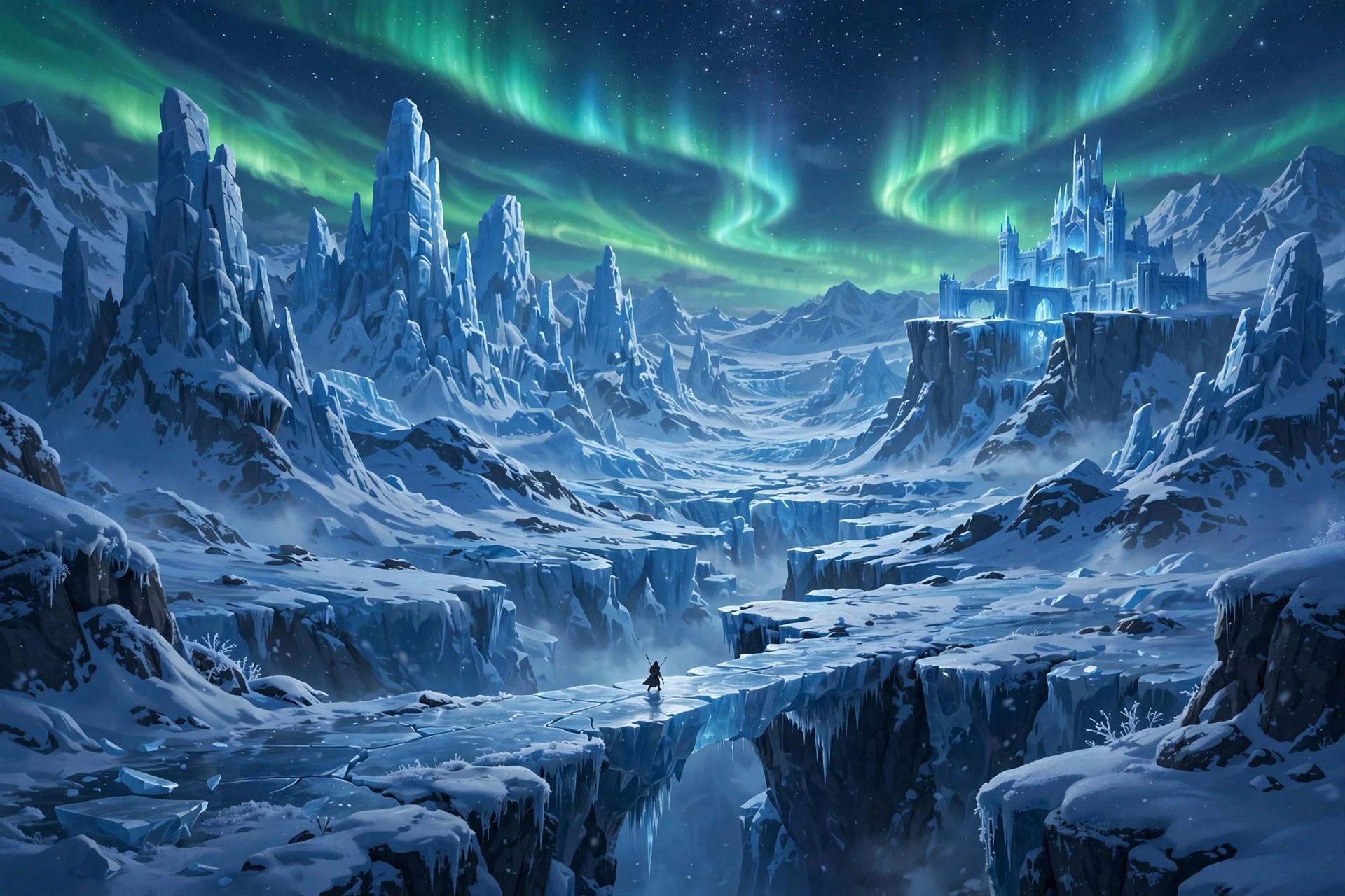 AI-generated dramatization art: a vast glacier valley with towering ice spires, a distant glacial citadel on a cliff, aurora ribbons overhead, a tiny warrior crossing an ice bridge