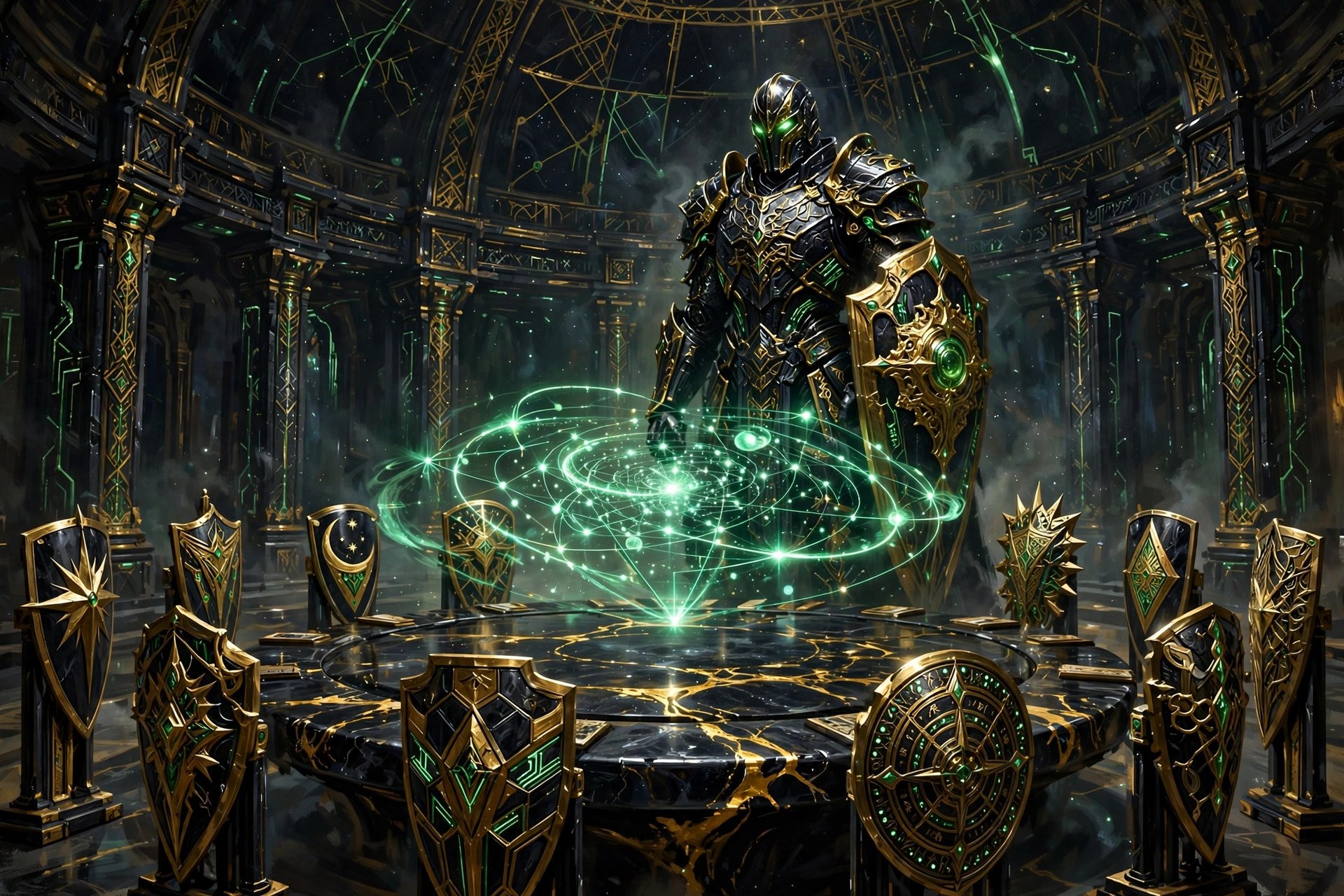 AI-generated scene of the fictional Star Team Guardian standing at the head of a round war-council hall ringed by shields