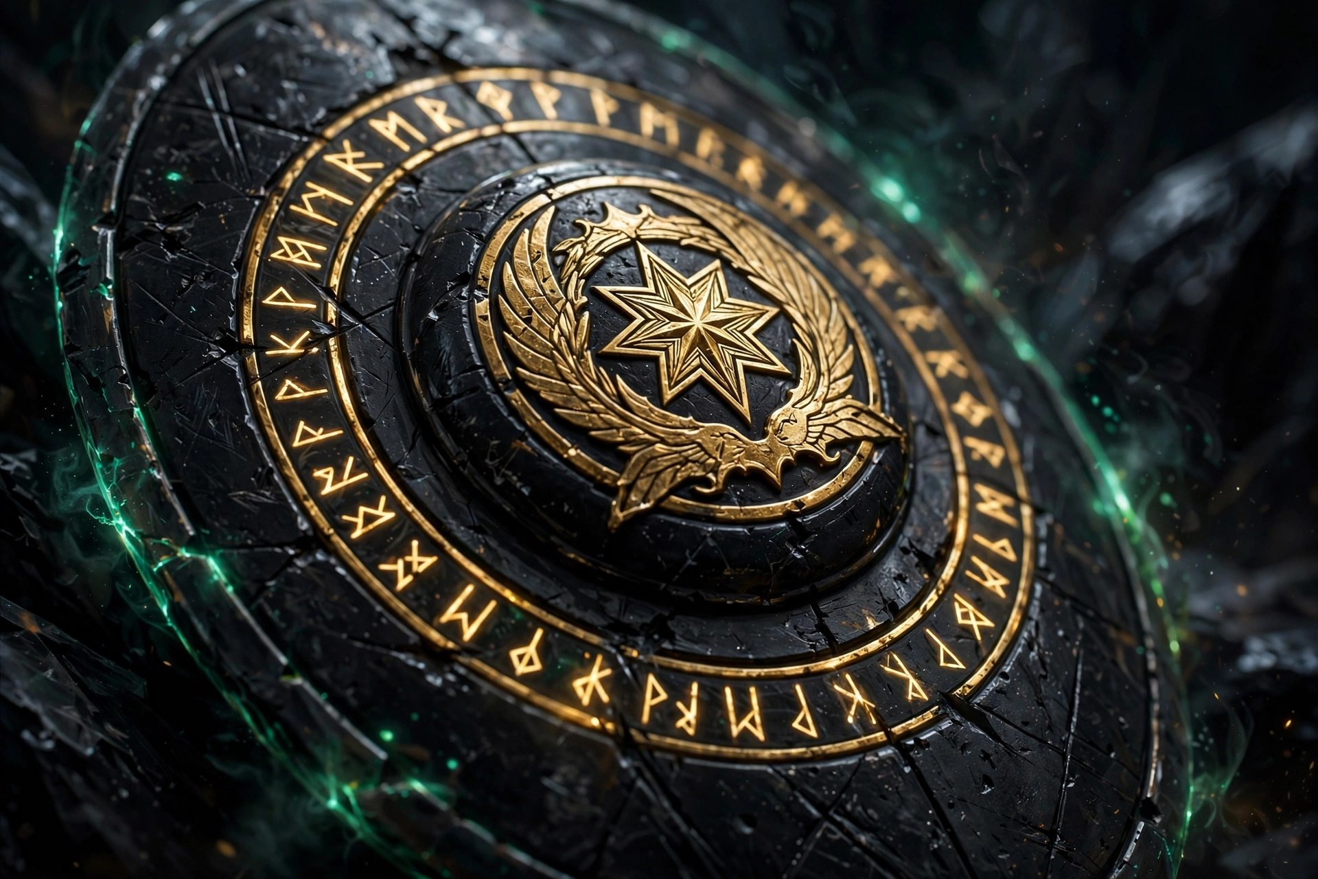 AI-generated macro close-up of the fictional Star Team Guardian's tall oval Aegis shield with golden sigil and glowing runes