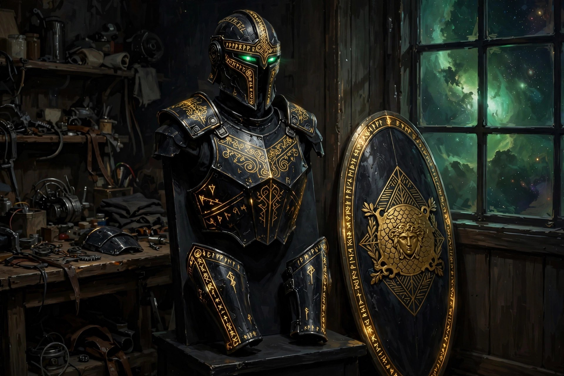 AI-generated display of the fictional Star Team Guardian's obsidian rune-etched armor and Aegis shield on a stand in a dim workshop
