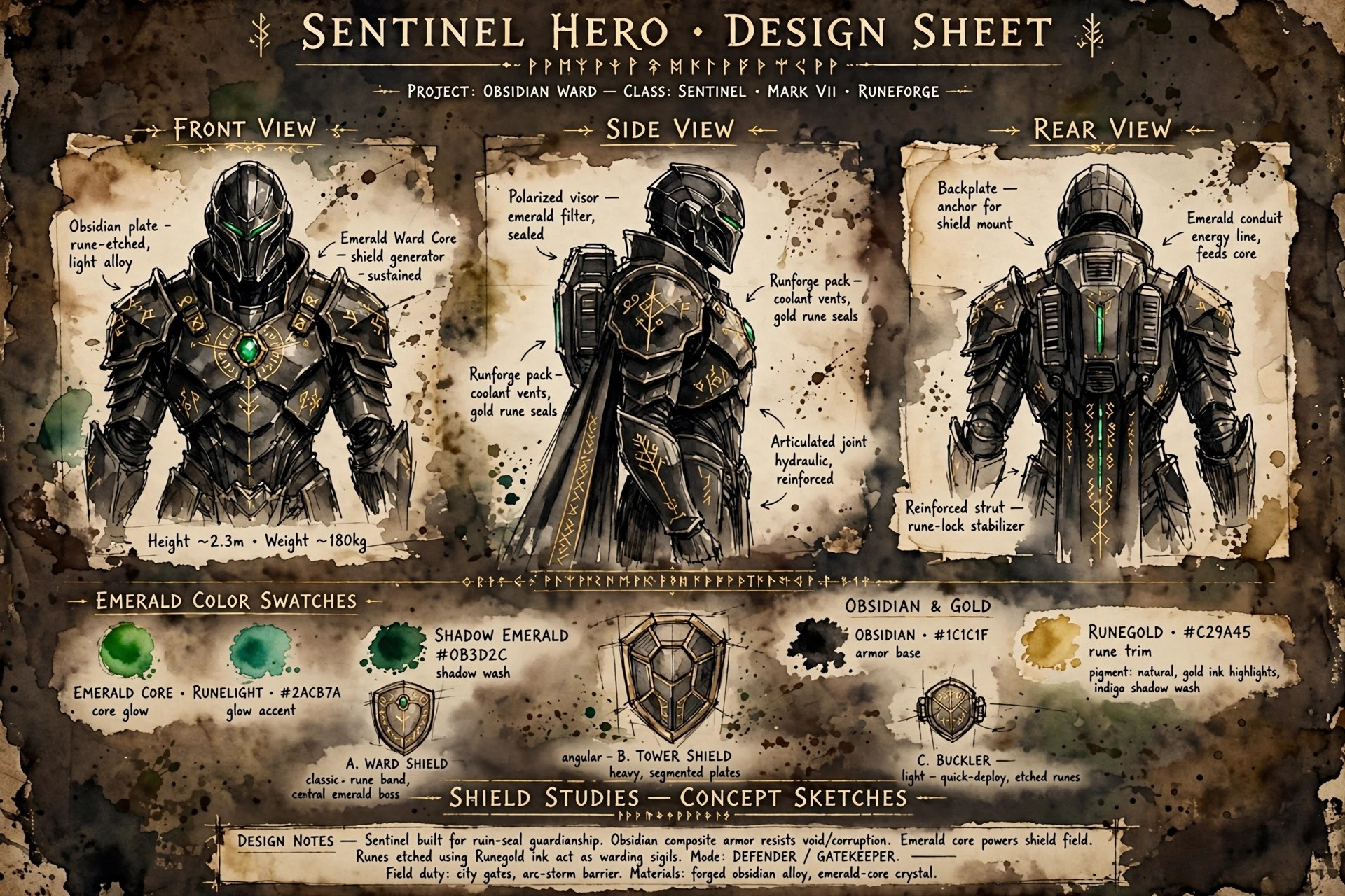 AI-generated character design sheet sketches of the fictional Star Team Guardian from front, side, and back on dark parchment