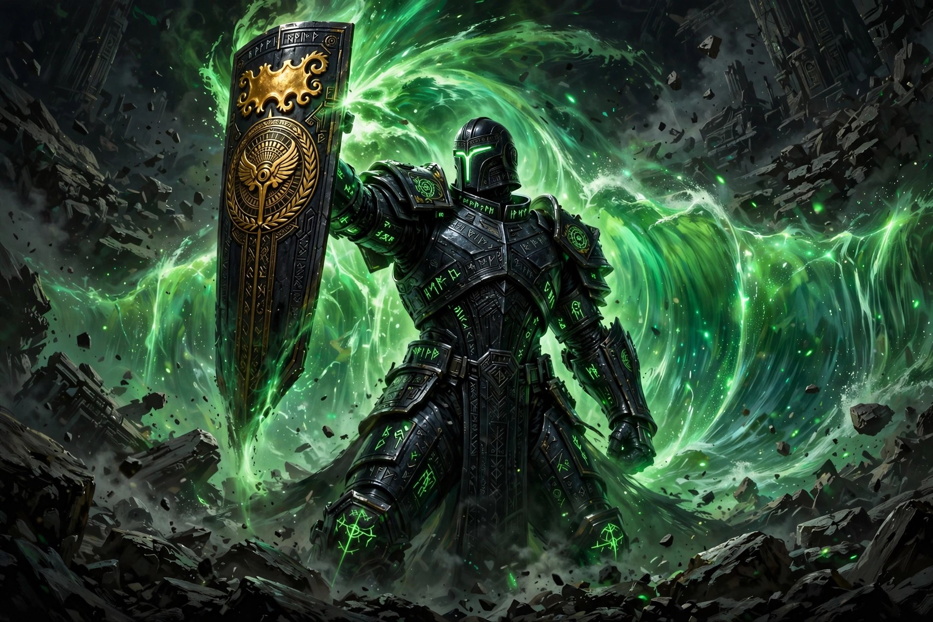 AI-generated scene of emerald energy erupting from the fictional Star Team Guardian's raised Aegis shield