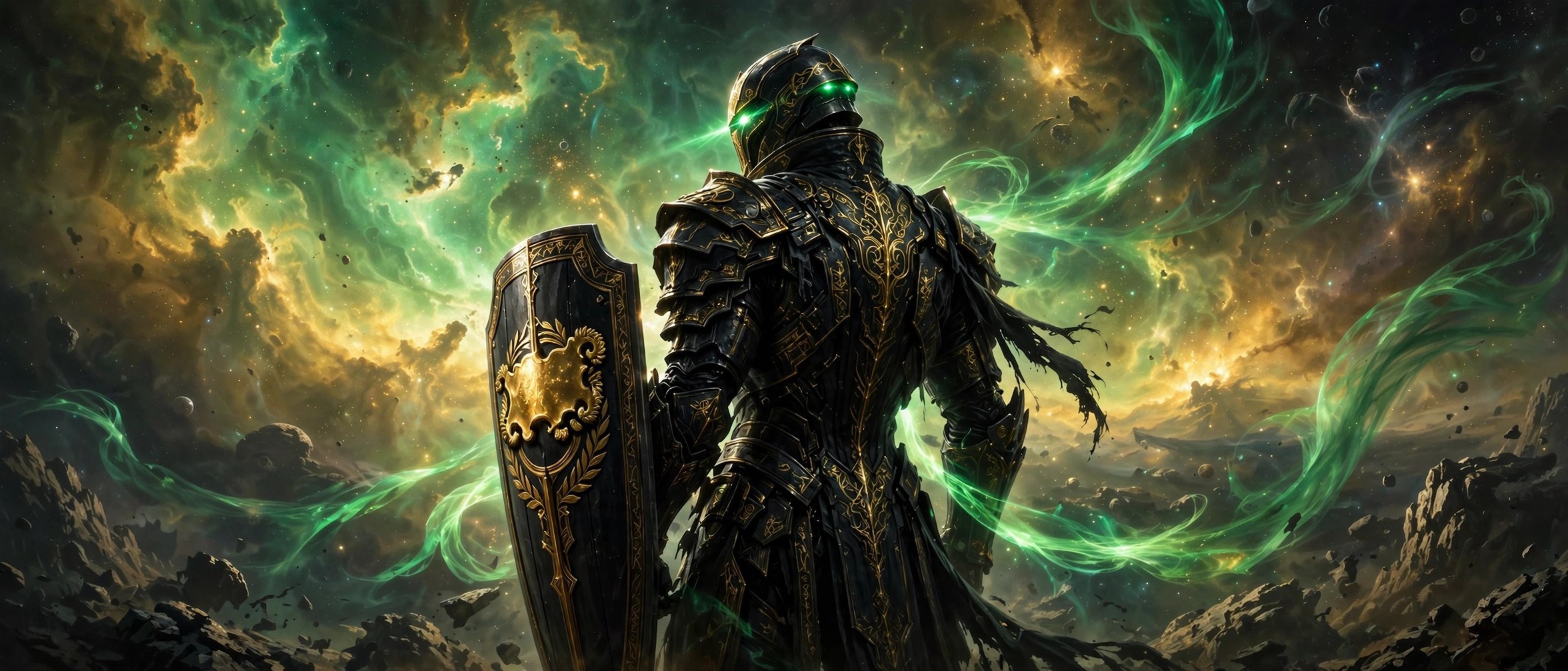 AI-generated wide cinematic scene of the fictional Star Team Guardian silhouetted against a vast green-and-gold nebula