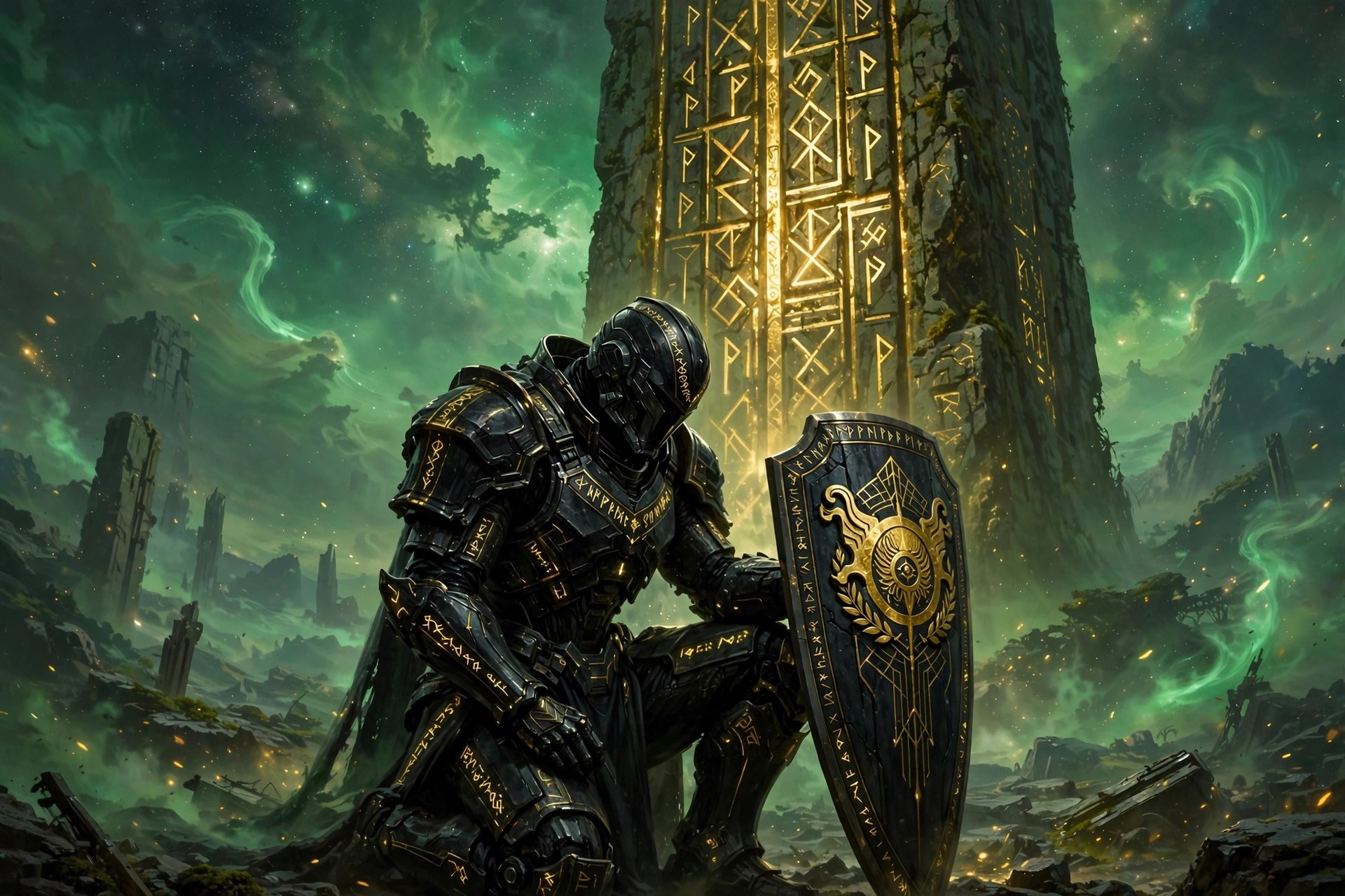 AI-generated scene of the fictional Star Team Guardian kneeling before an ancient rune-carved monolith, swearing the Oath