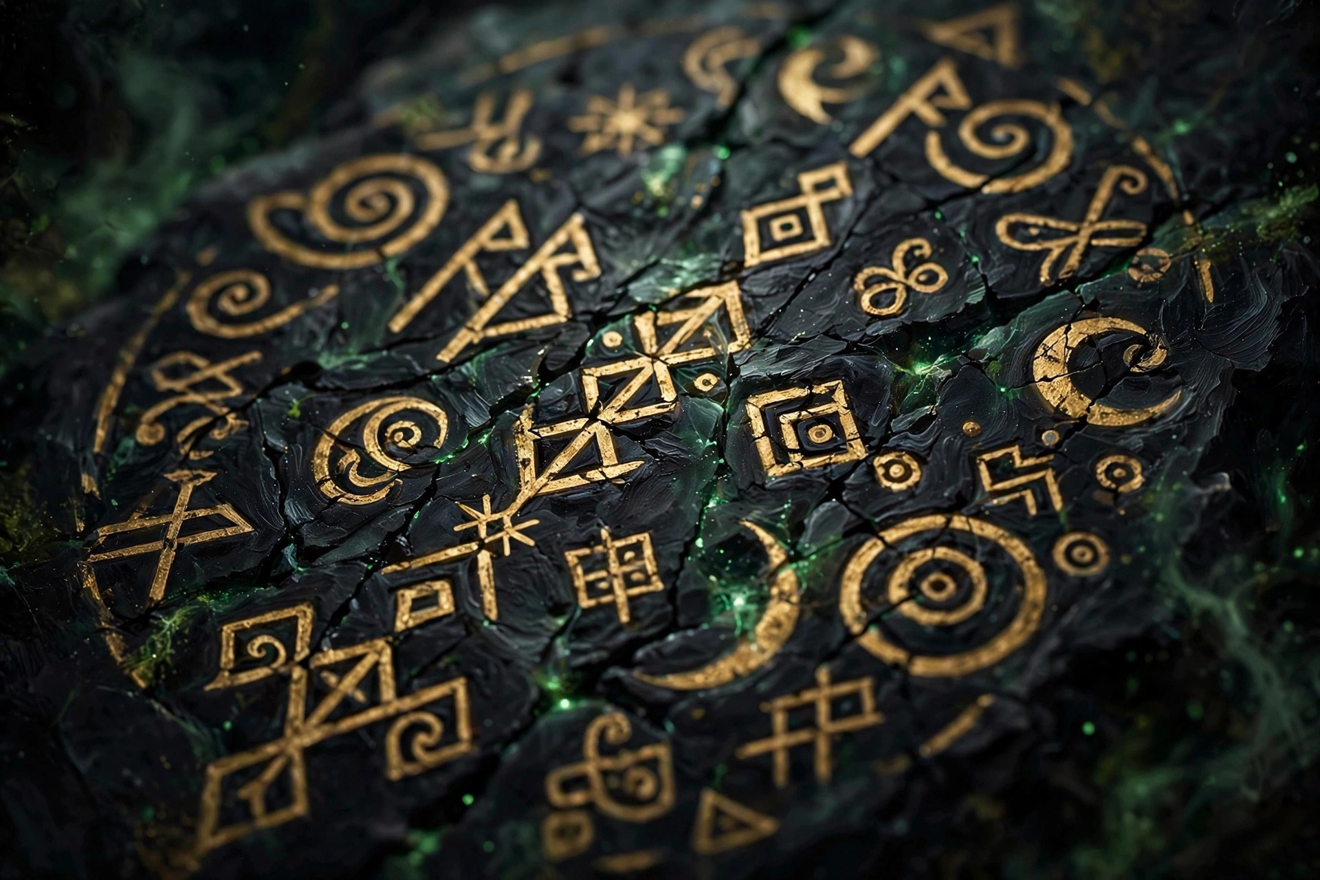 AI-generated close-up of glowing gold runes carved into black obsidian stone with emerald energy in the cracks