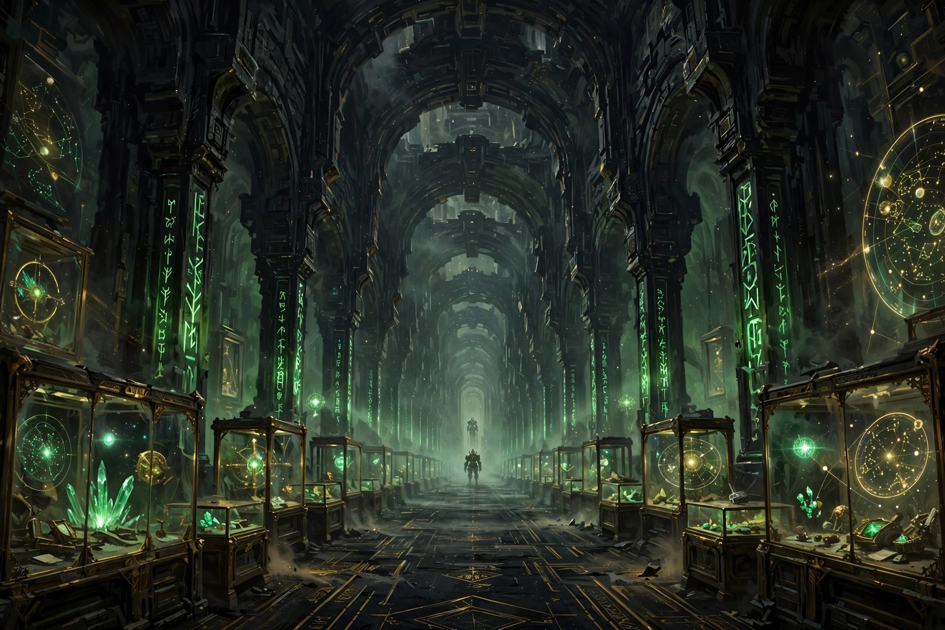 AI-generated scene of the vast Star-Vault hall with glowing rune pillars and relic cases, the fictional Star Team Guardian a silhouette in the aisle
