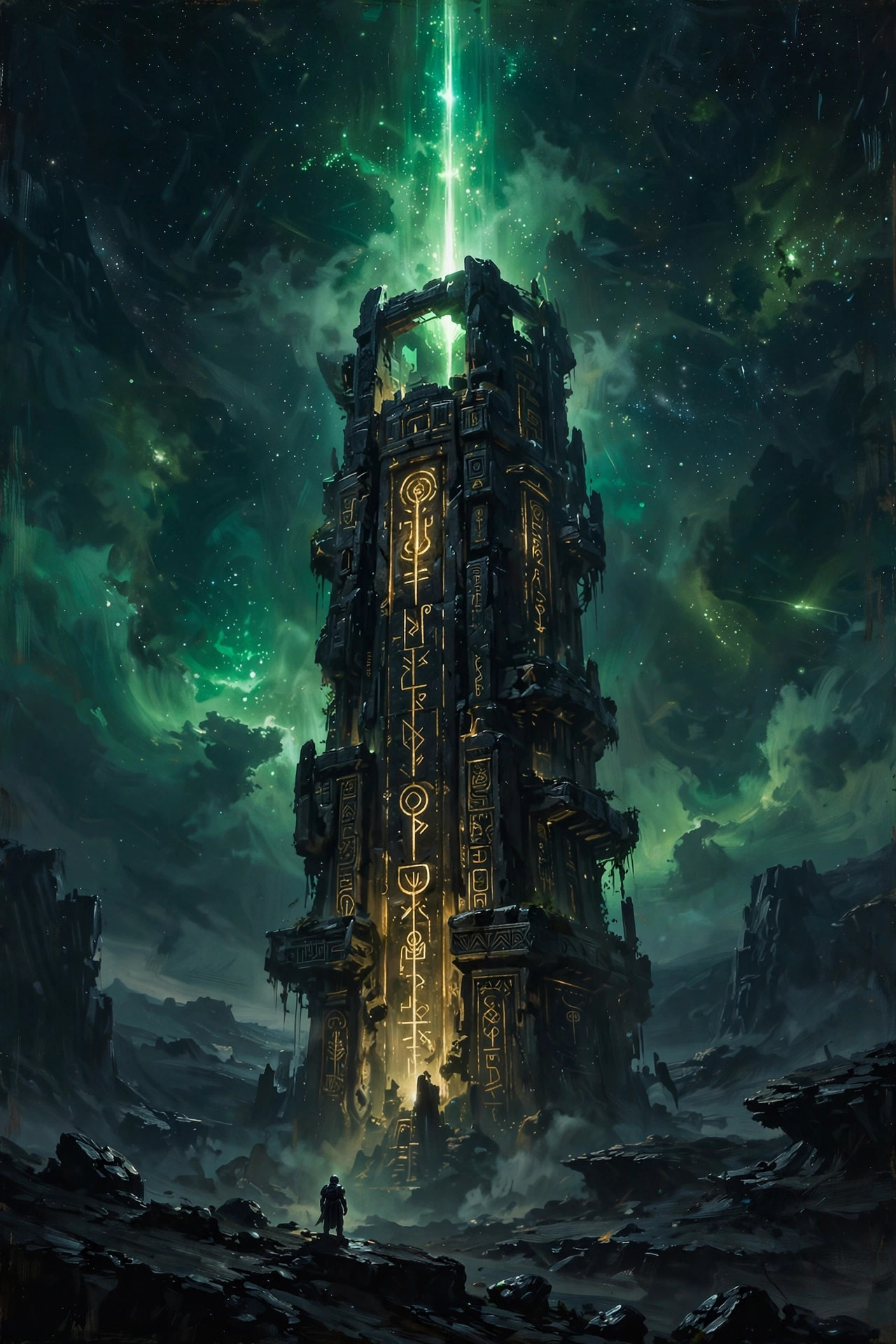 AI-generated scene of an ancient beacon tower of black stone firing emerald light into a starfield, with the tiny silhouette of the fictional Star Team Guardian at its base