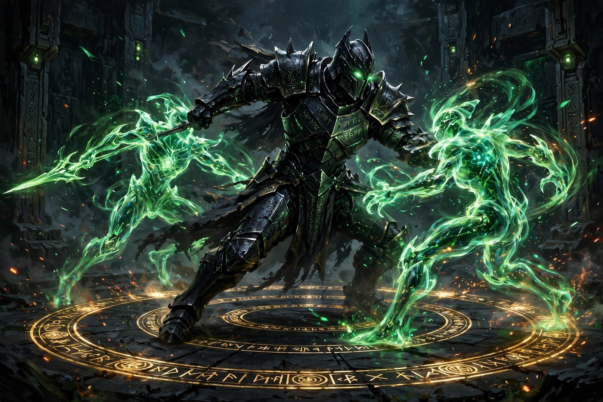 AI-generated scene of the fictional Star Team Guardian sparring with glowing emerald energy constructs in a black-stone training arena