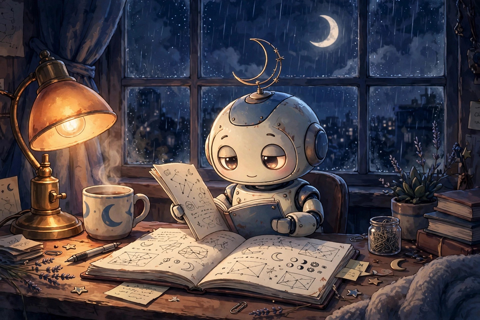 AI-generated illustration of the fictional Vizlings curious study companion persona Study with Luna