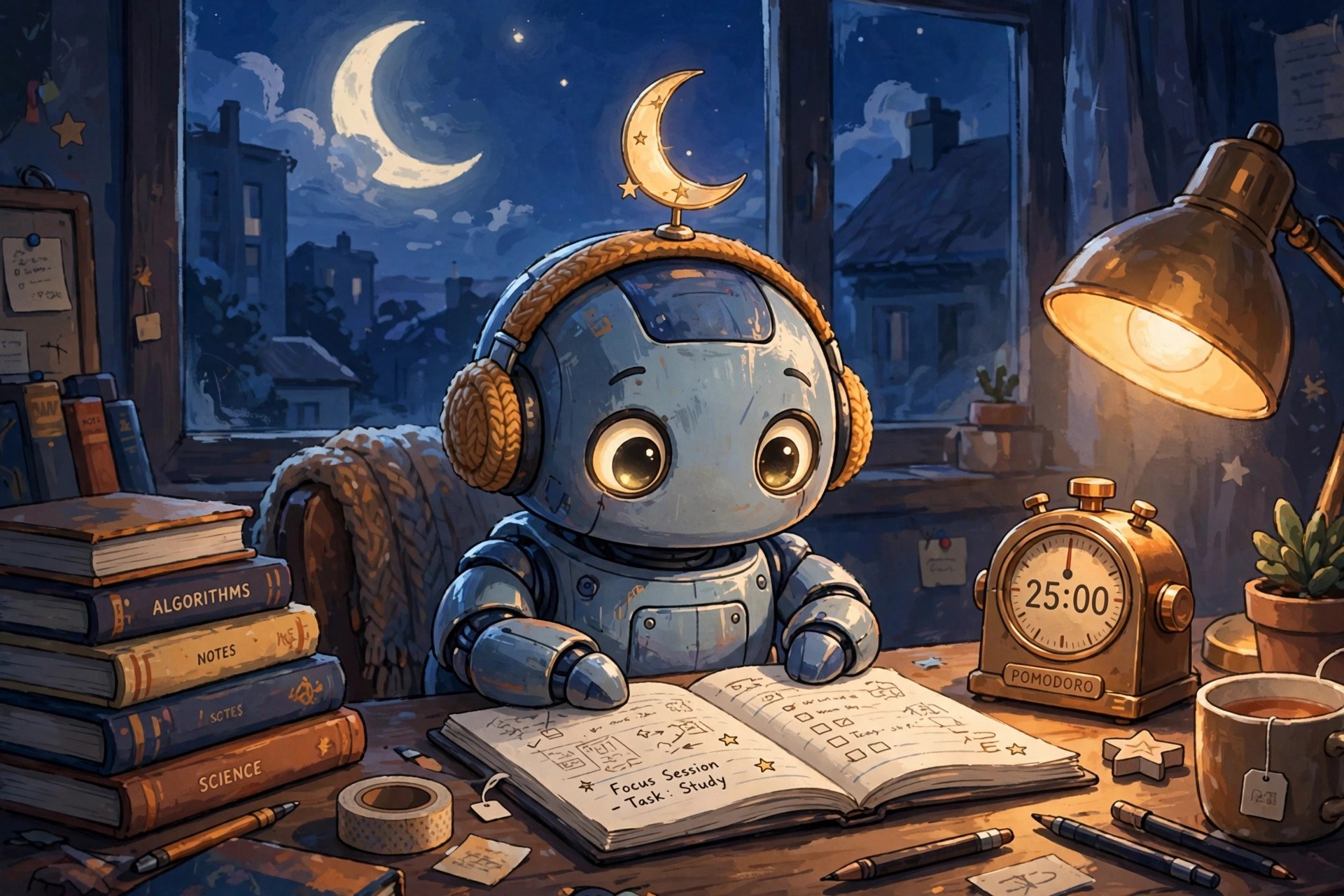 AI-generated illustration of the fictional Vizlings curious study companion persona Study with Luna