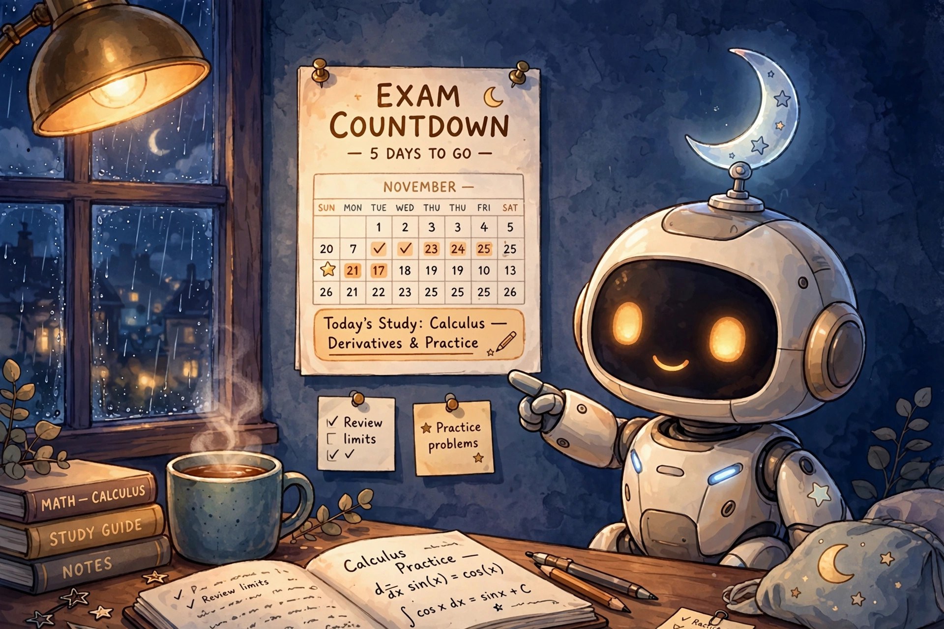 AI-generated illustration of the fictional Vizlings curious study companion persona Study with Luna