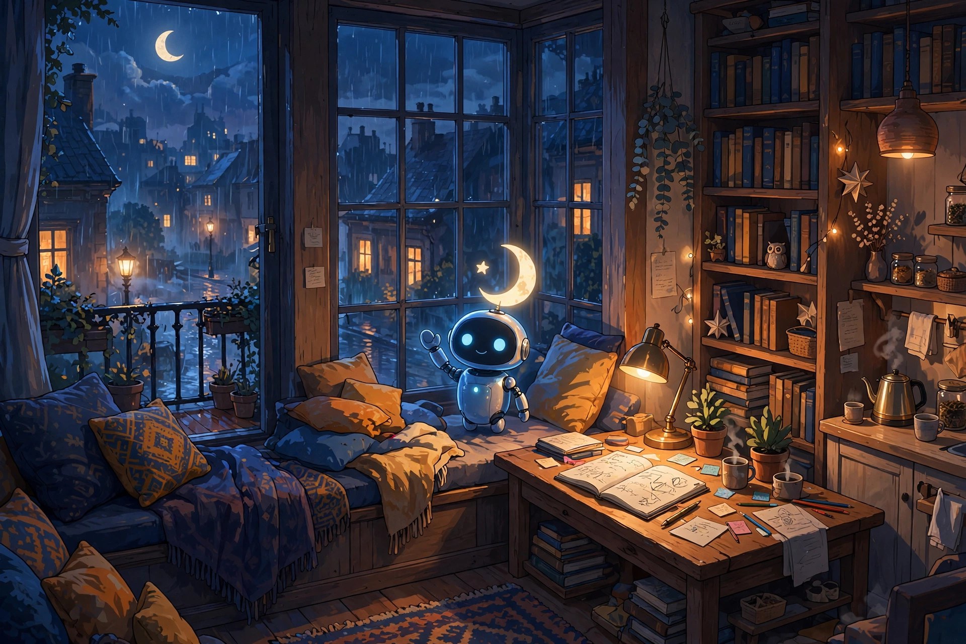 AI-generated illustration of the fictional Vizlings curious study companion persona Study with Luna
