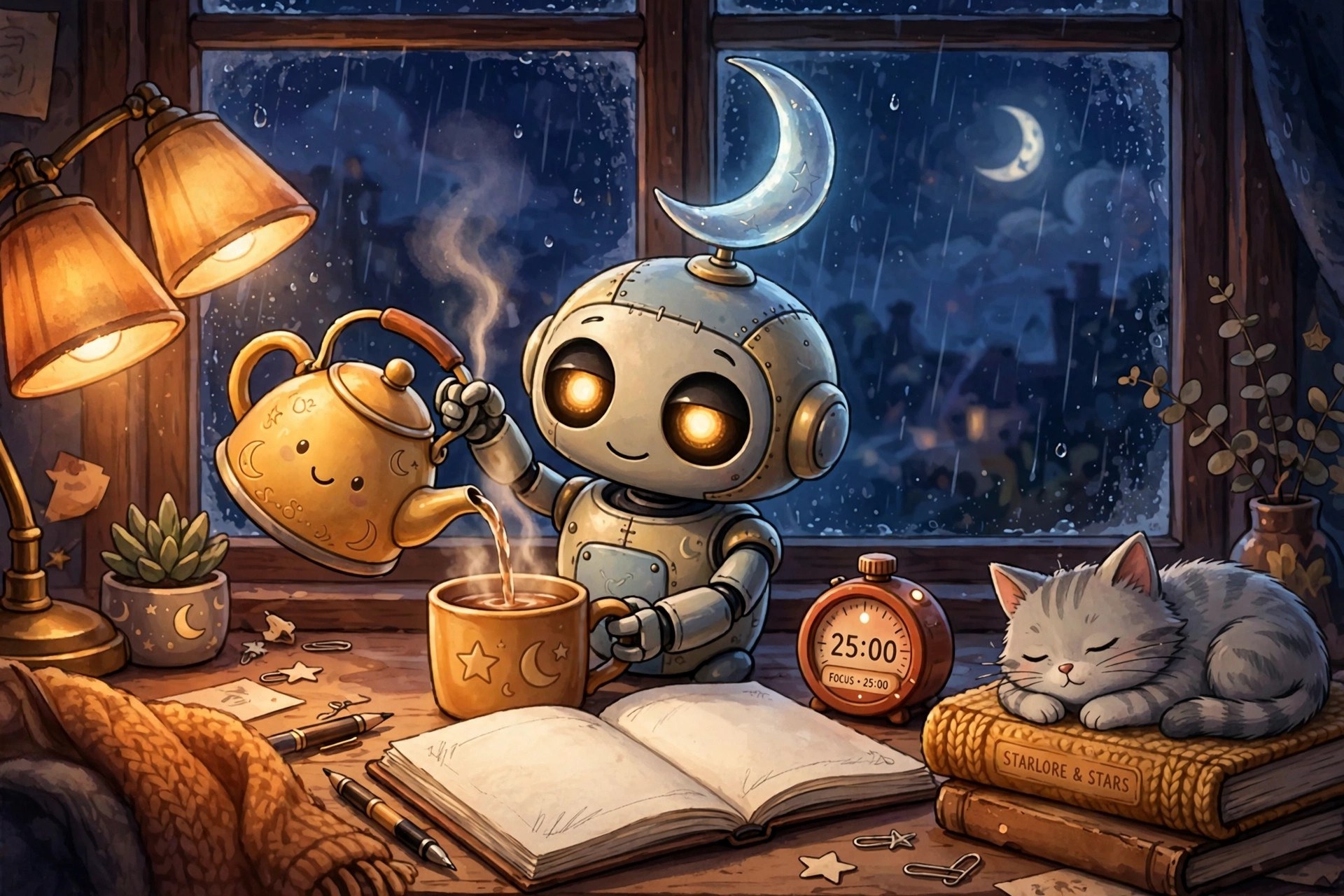 AI-generated illustration of the fictional Vizlings curious study companion persona Study with Luna