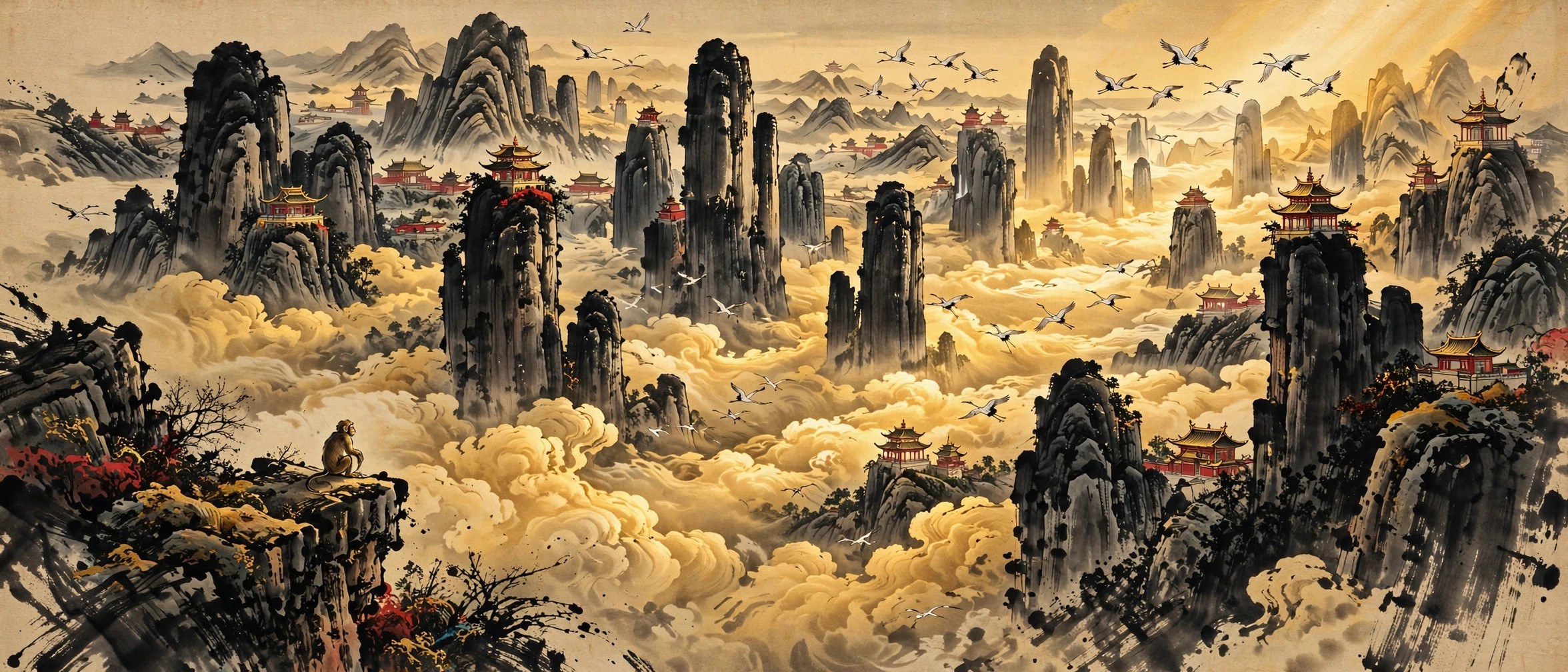 AI-generated ink-painting panorama of the cloud mountains: stone pillars rising through golden clouds, pagodas on the peaks