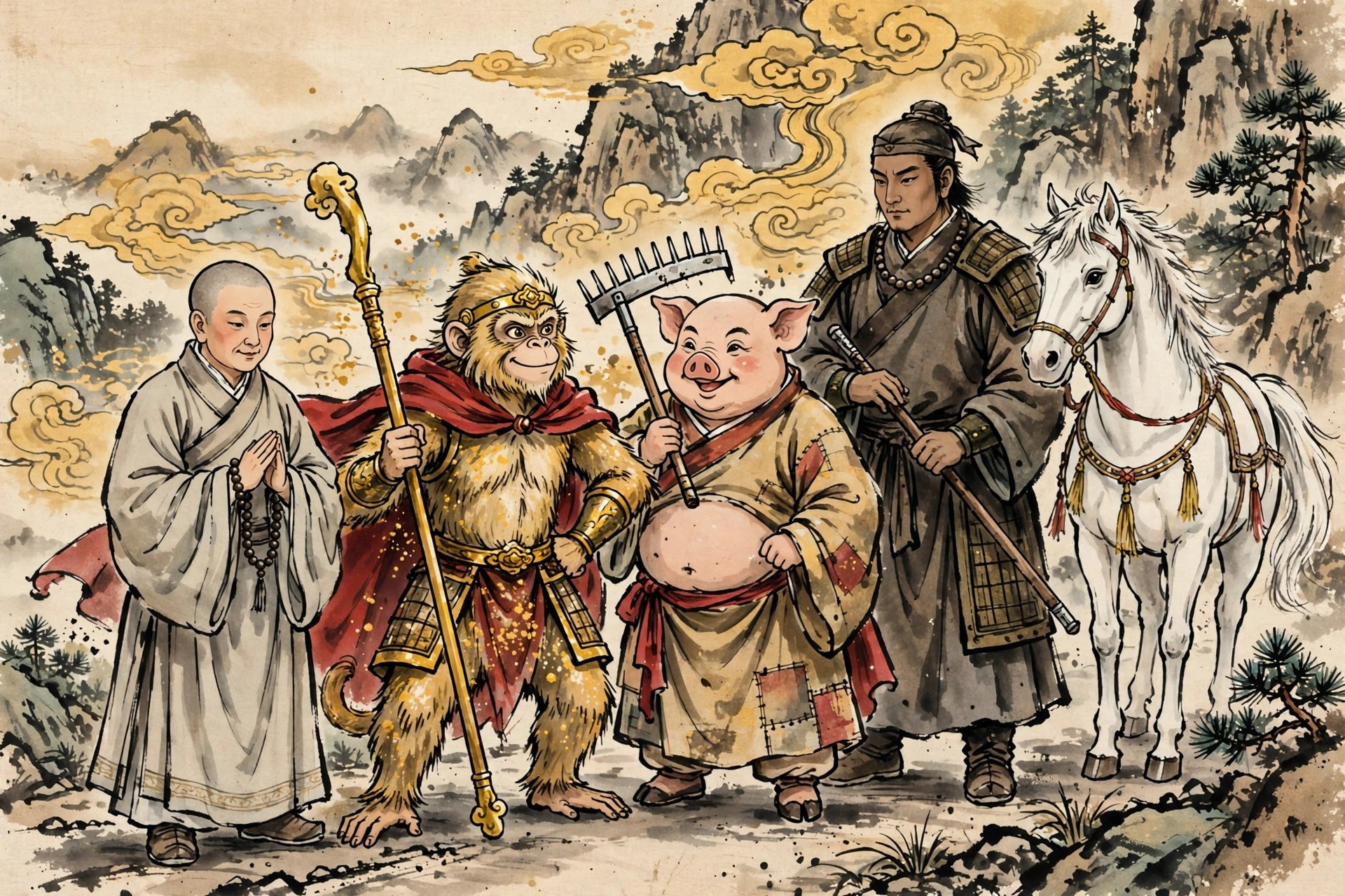 AI-generated ink painting of the pilgrim band: Tang monk on white horse, monkey warrior with staff, pig-faced monk with rake, tall sandy warrior