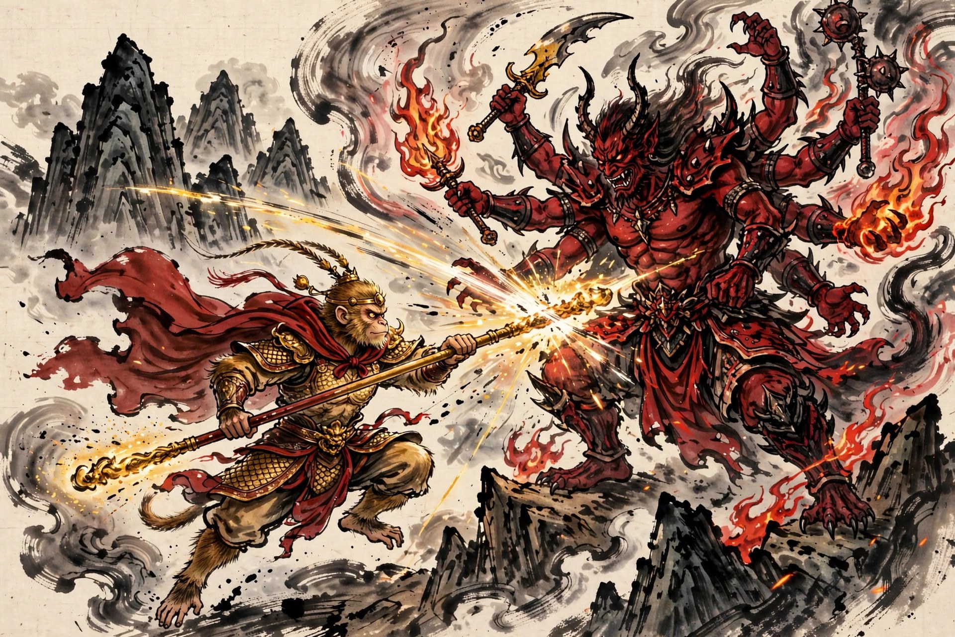 AI-generated ink painting of Sun Wukong battling a multi-armed demon lord among jagged mountains, staff flashing gold
