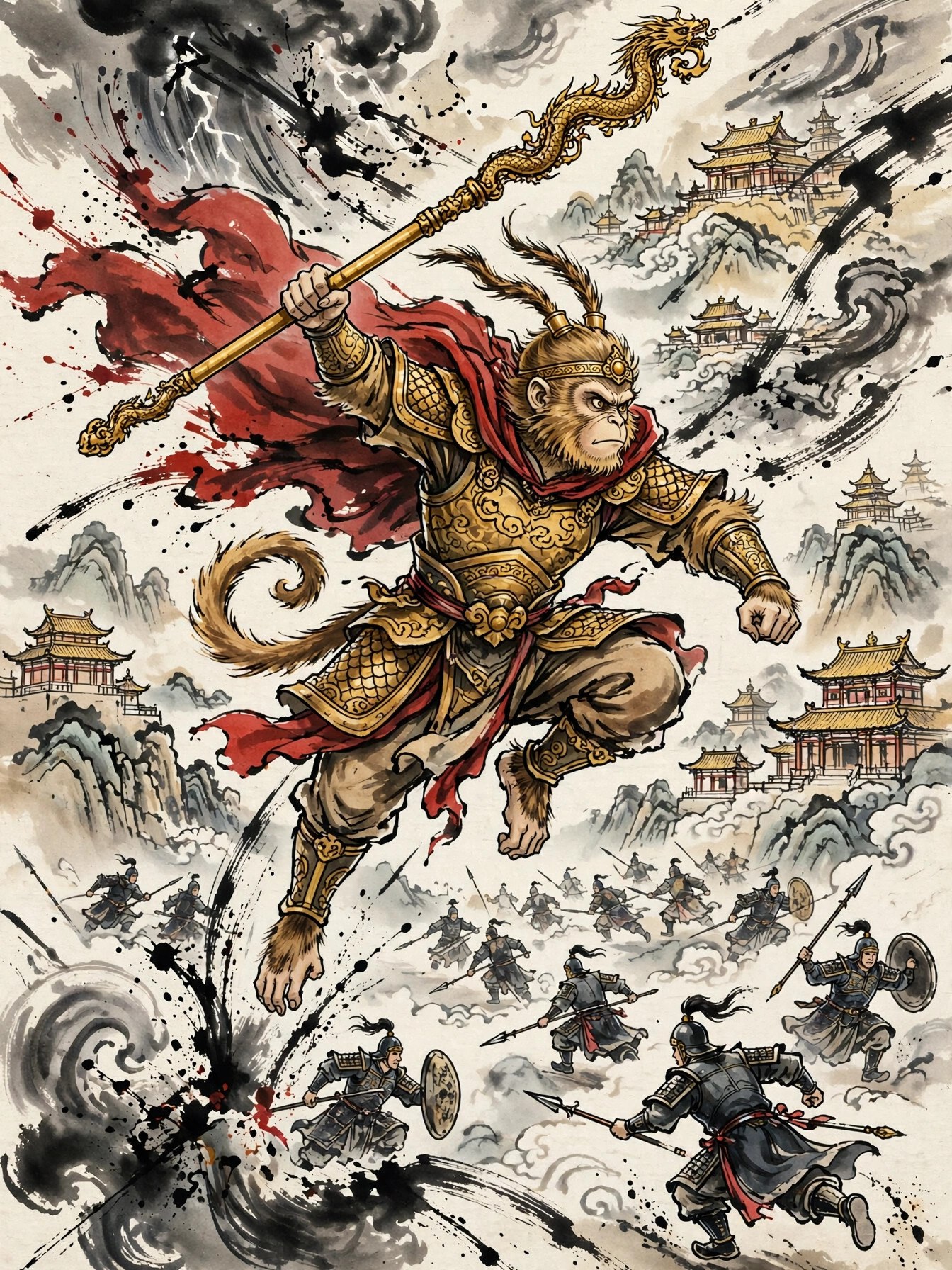 AI-generated ink painting of Sun Wukong leaping through celestial palaces, golden staff sweeping, heavenly soldiers scattering