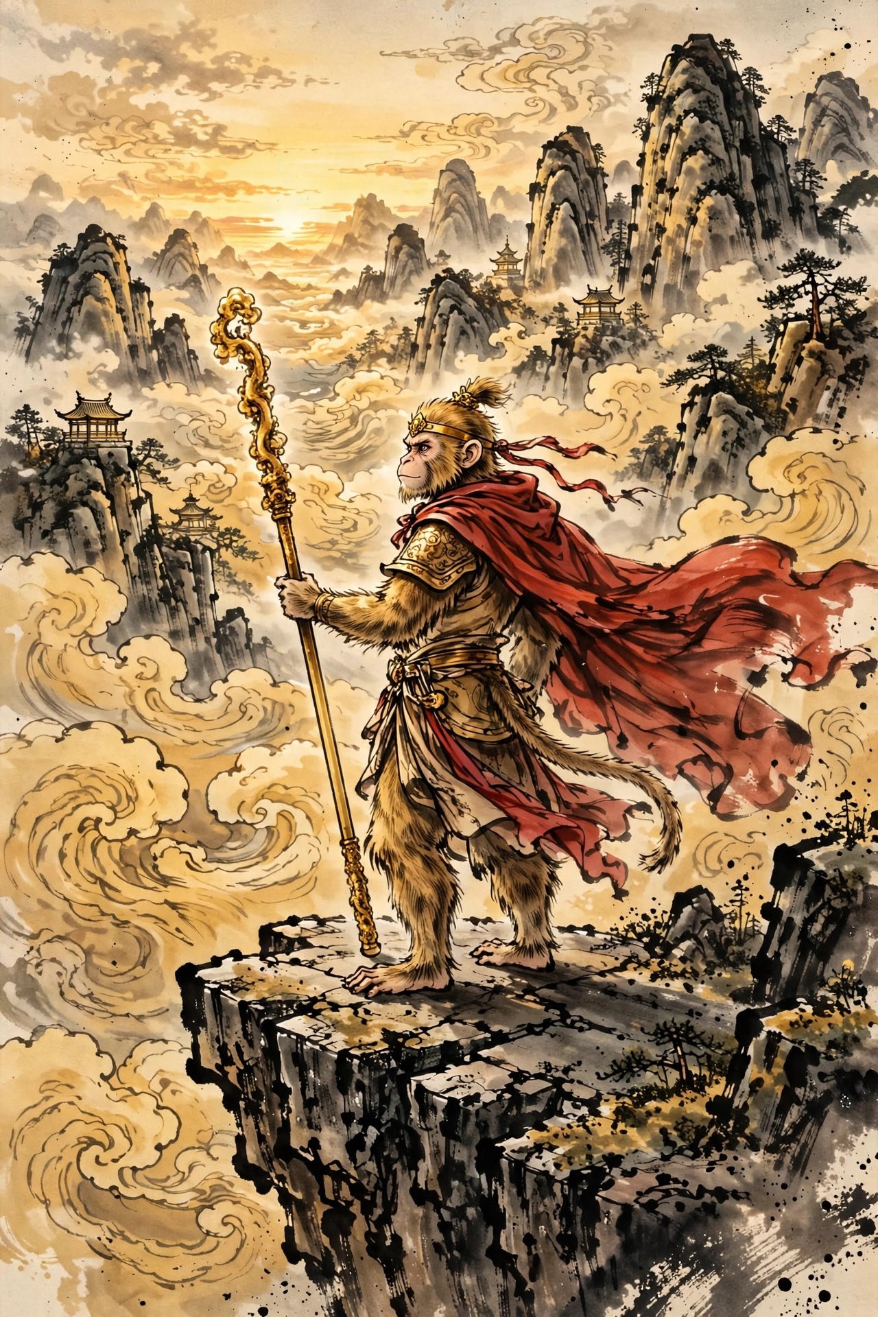 AI-generated ink painting of Sun Wukong the Monkey King: a golden monkey warrior with the golden headband and a crimson cape, staff in hand, above golden clouds